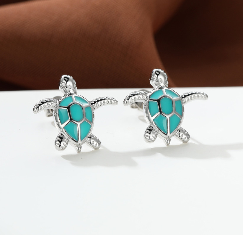 925 Sterling Silver Blue White Opal Sea Turtle Stud Earrings Gift Box PE55