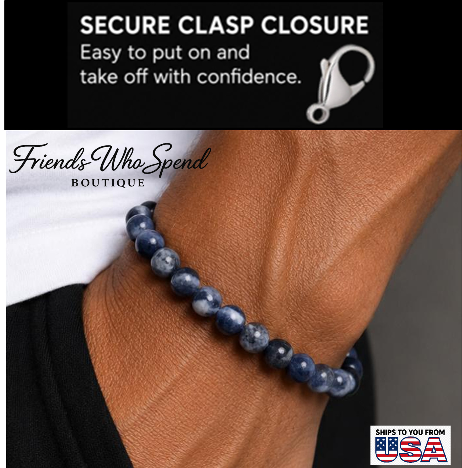 6″-11″ Blue Sodalite 8mm Gemstone Beaded Mens Stainless Steel Bracelet w/Clasp