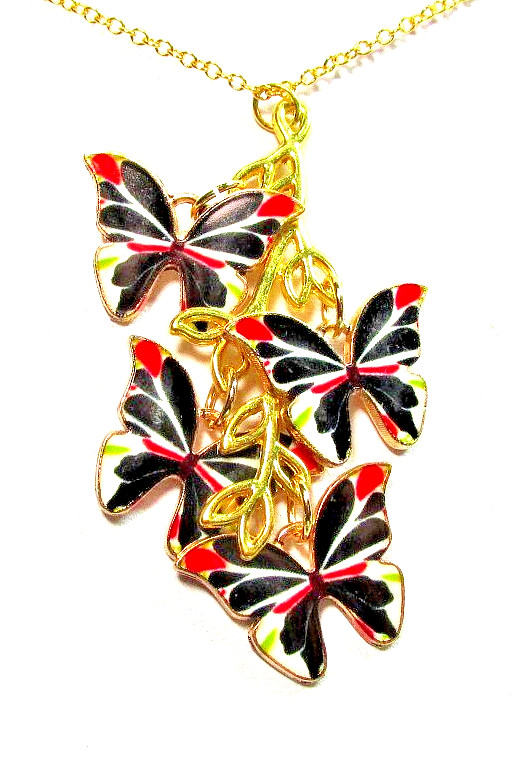 Gold Tone Black, Red & White Butterflies On Branch 20″ Necklace – NWOT (#3149)