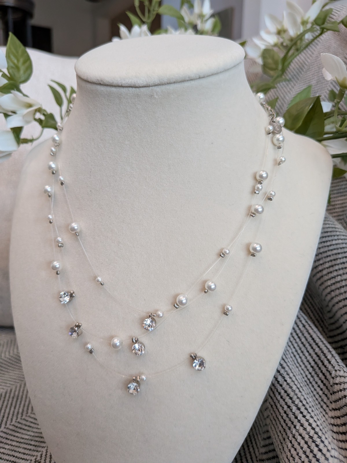 Floating necklace,illusion necklace,multistrand necklace, white pearl necklace,