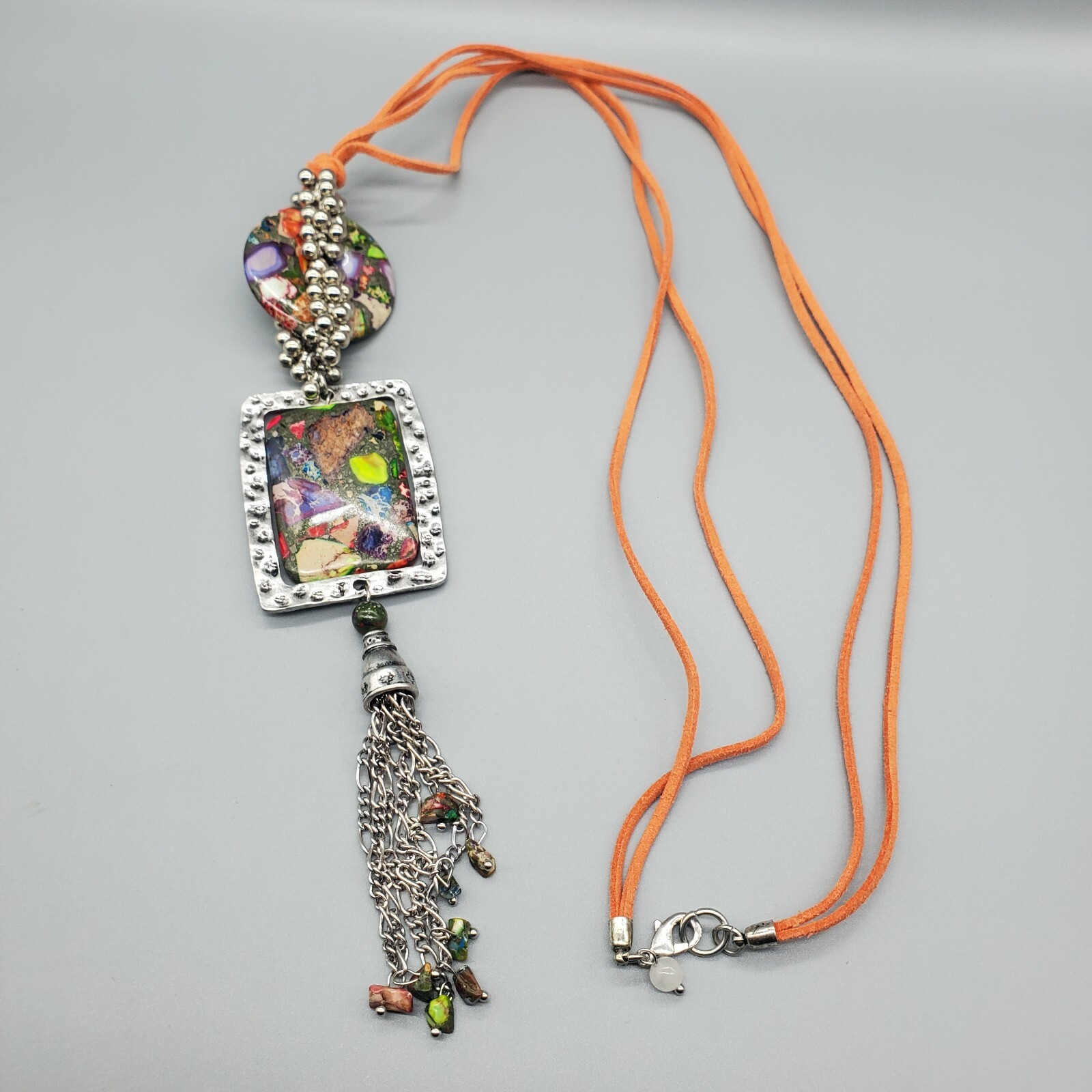 Large Mosaic Statement Necklace Donut Spinning Square Pendant Tassel Suede Cord