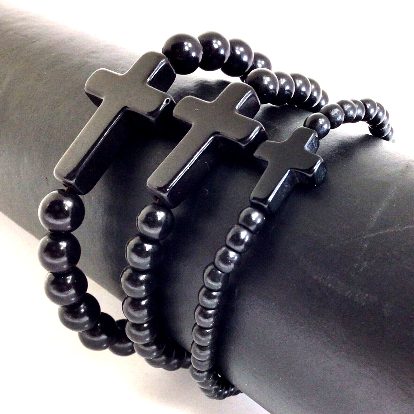 Black Cross Men Bracelet Handmade Beaded Howlite Turquoise 7.5″ 4mm 6mm 8mm