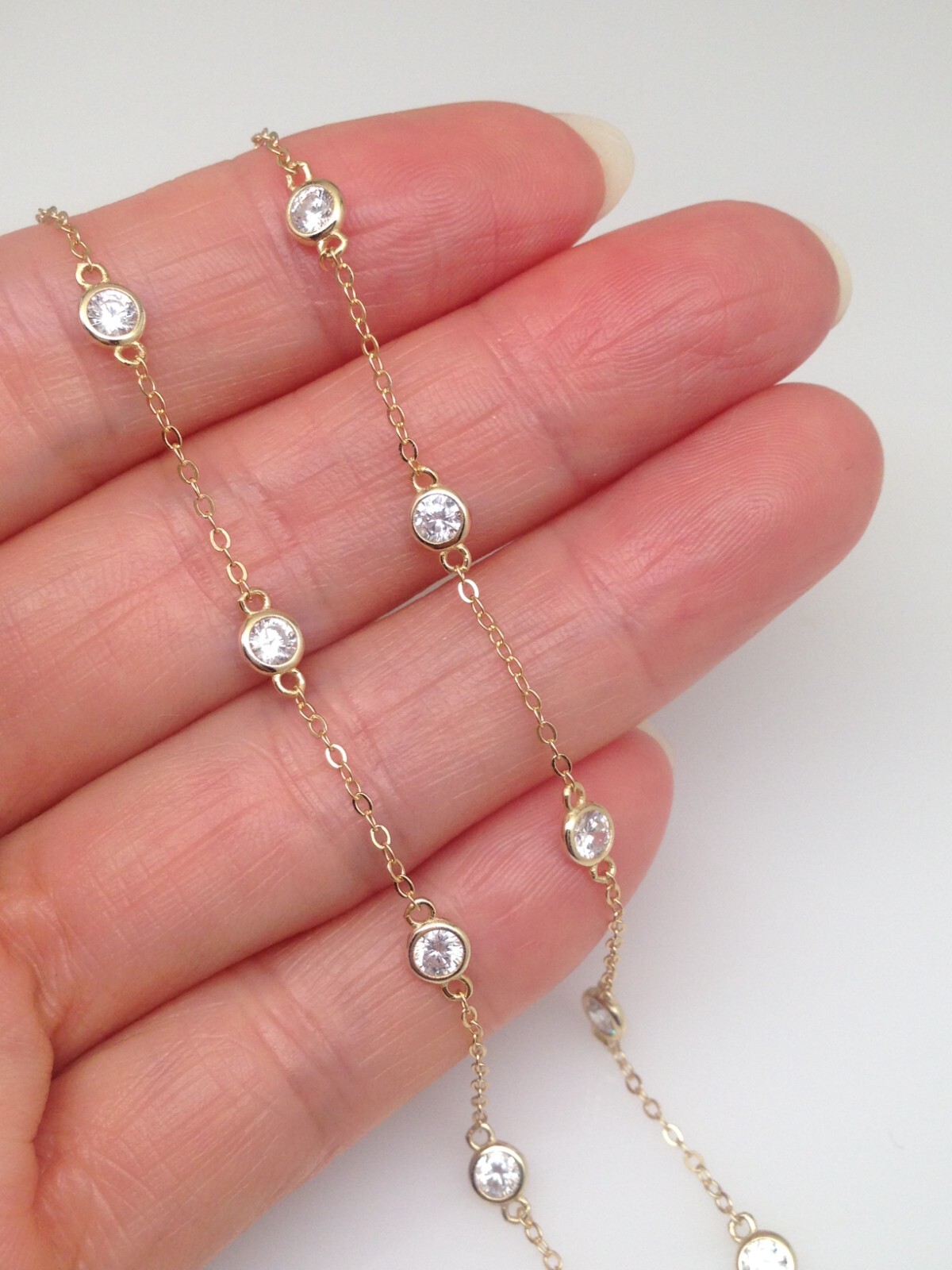 925 Sterling Silver Gold By the Yard Station Necklace Bezel CZ 18 3.5mm 18″