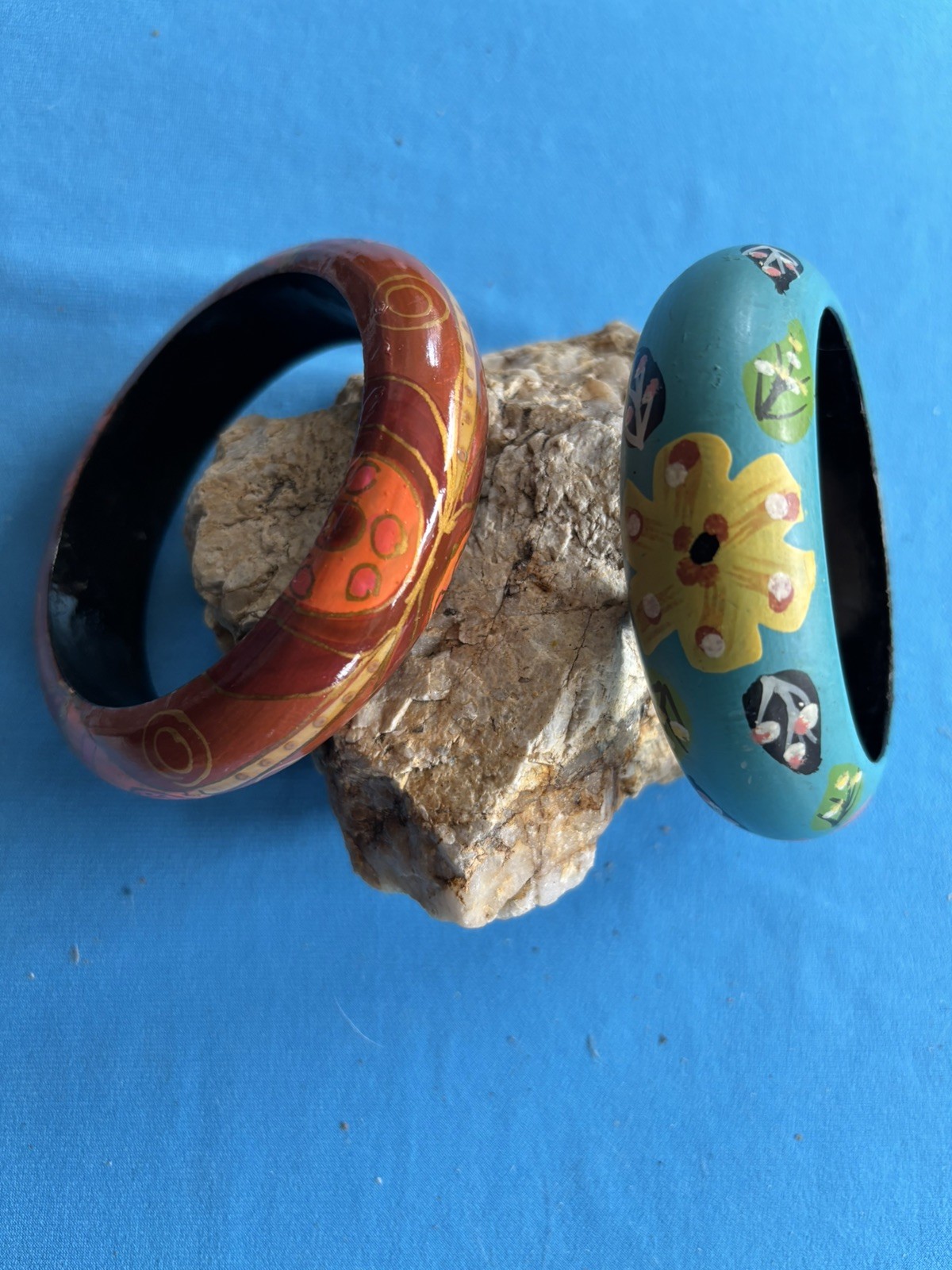 Lot Of 2 Hand Painted Wooden Bangle Bracelets