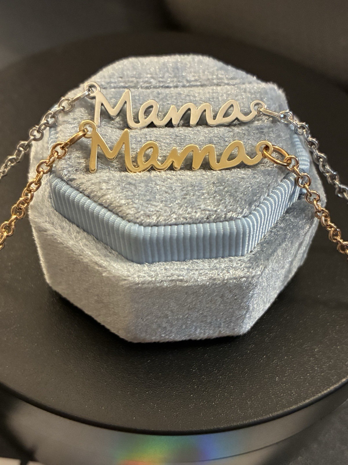 Silver Colored And Gold Colored Bracelet That Says Mama