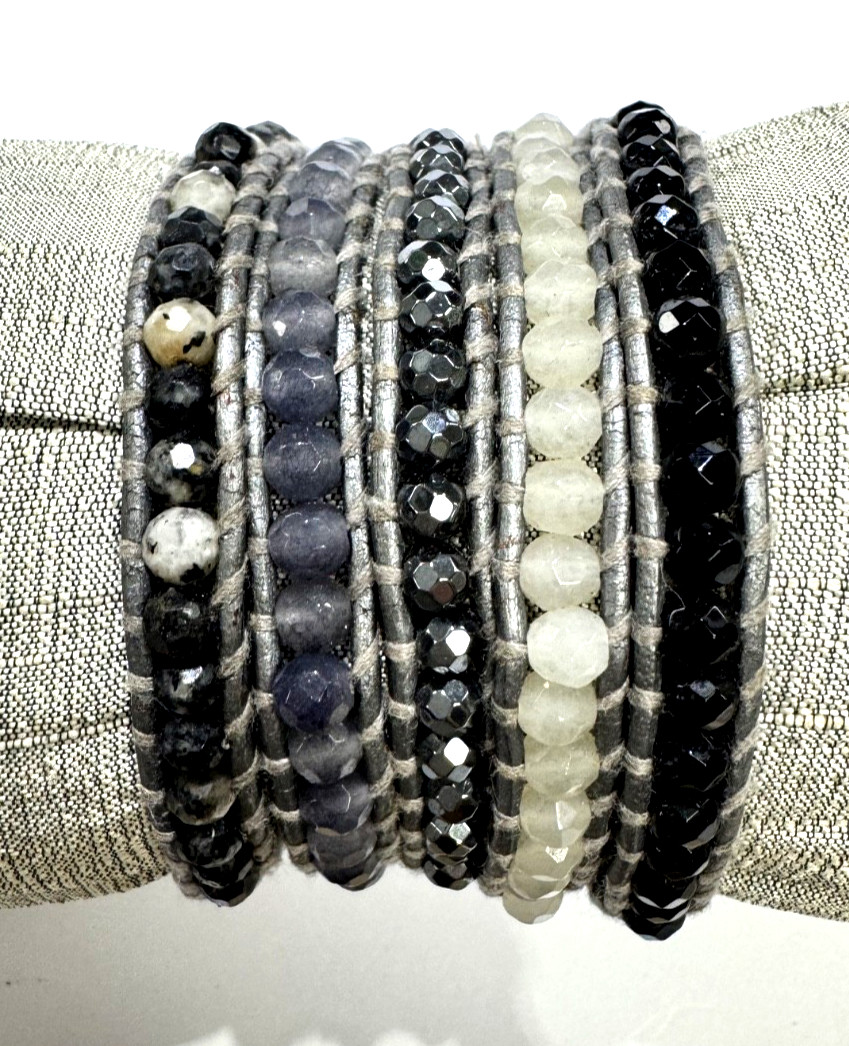 Chan Luu Leather 5 Wrap Semi Precious Stone Beads Bracelet 35″