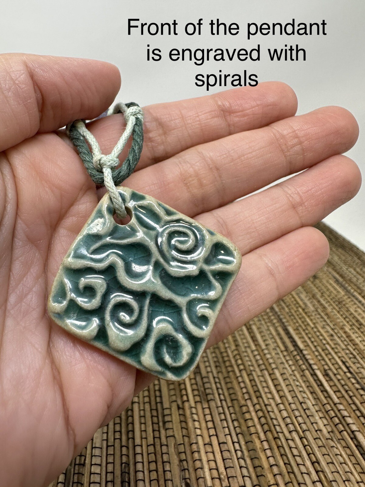 Green Spiral Bohemian Handmade Necklace with Square Engraved Pendant