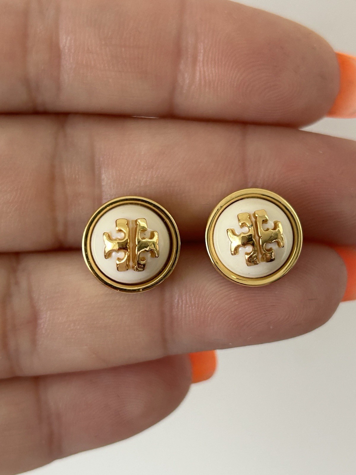 Tory Burch Logo Stud Earrings White Gold Tone