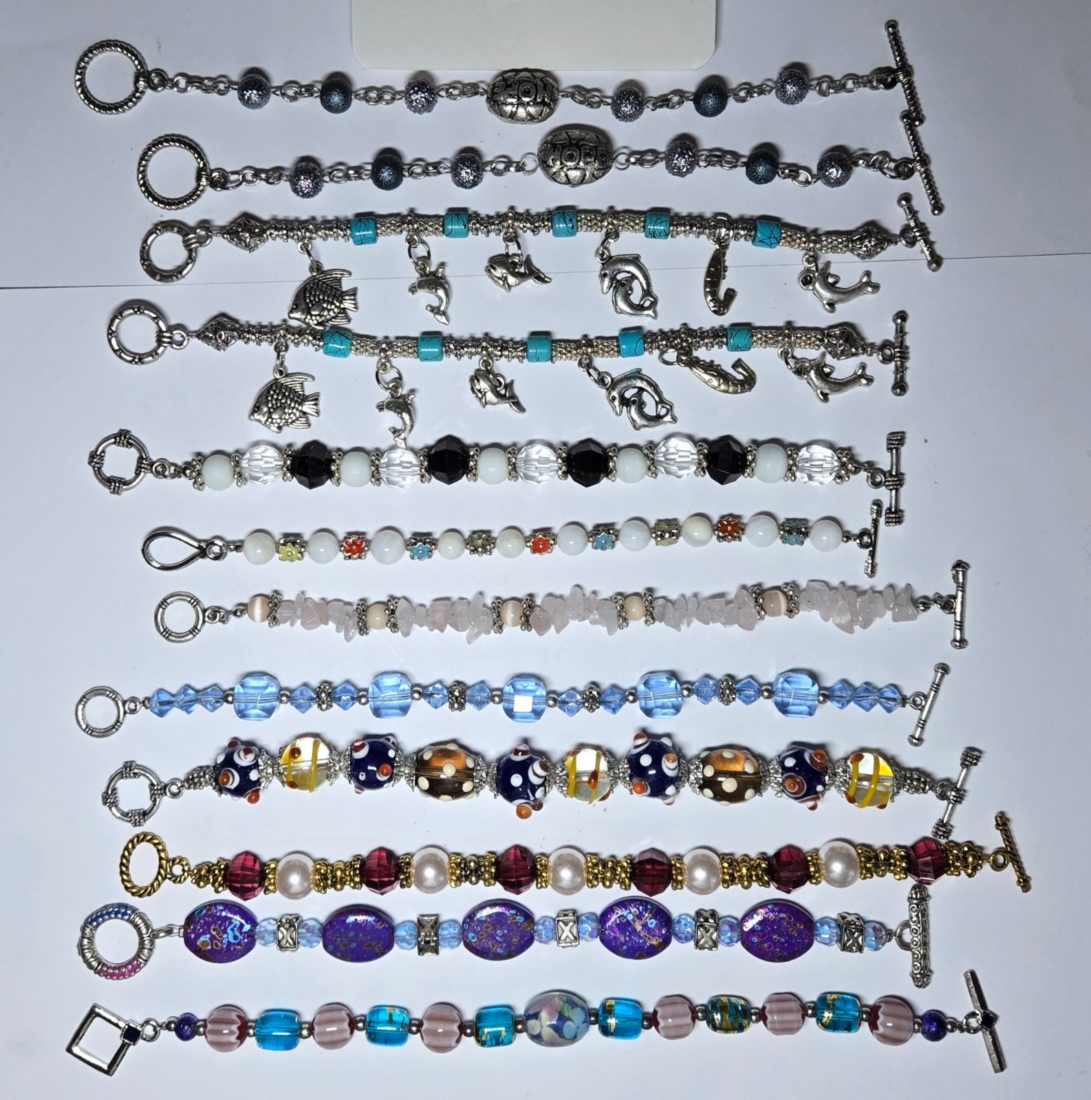 Wholesale Bracelets Lot of 12 Blue Silver tone Beaded Toggle Bracelet no stretch