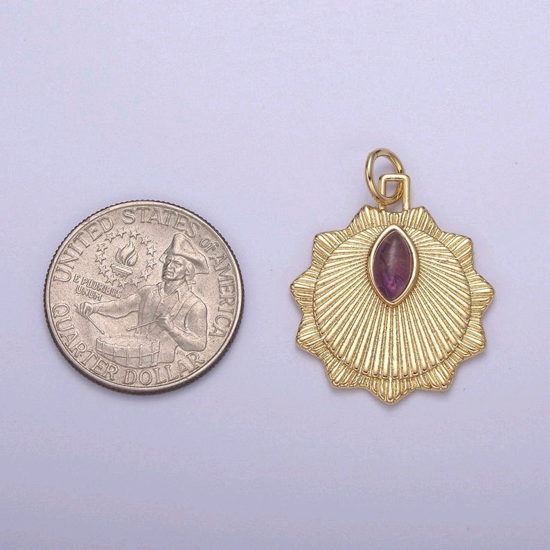 24K Gold Radial Sun Token Medallion Charm Pendant with Natural Amethyst Gemstone