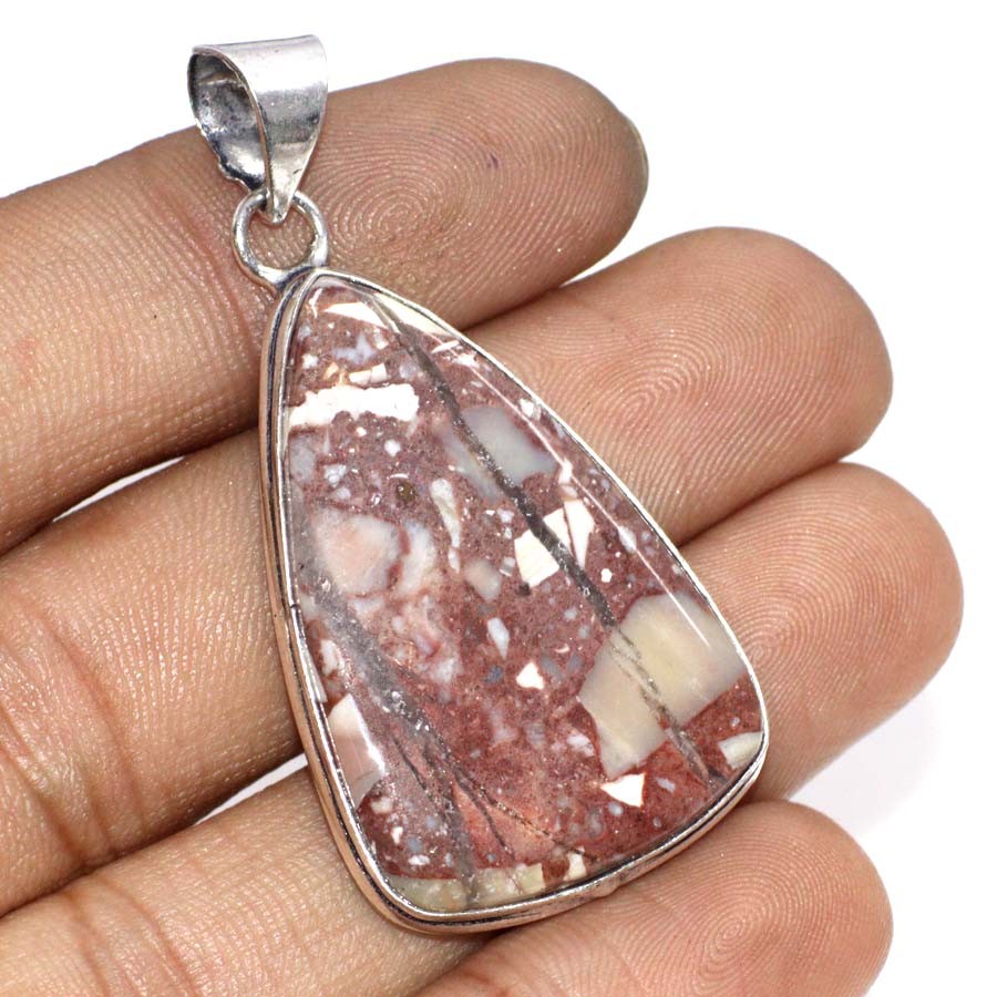 925 Silver Plated Marble Jasper Ethnic Pendant Handmade Jewelry Size 2″ JW