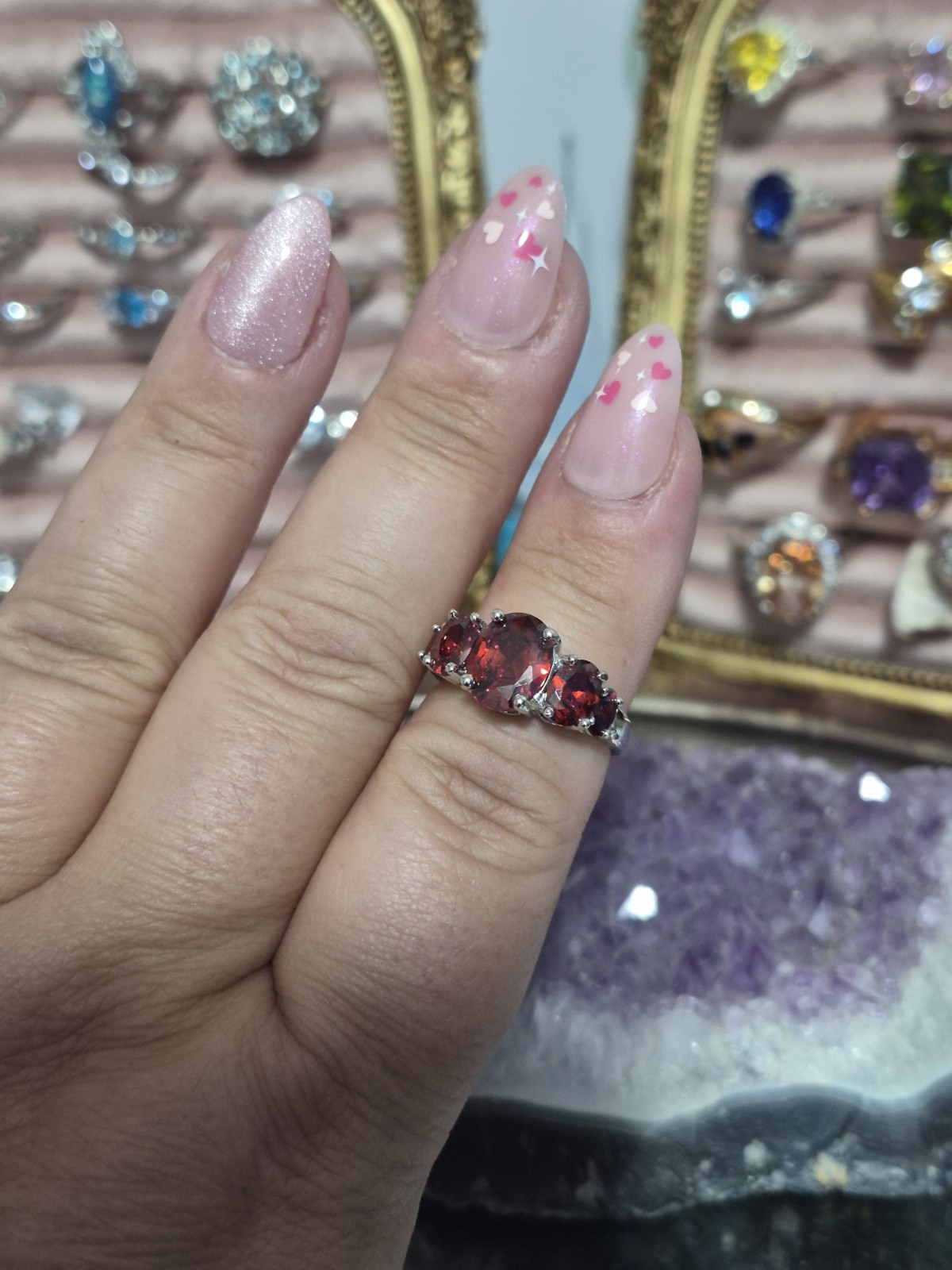 Ladies Size 8 Sterling 925 Silver Oval Garnet Color Rhinestone Ring B630