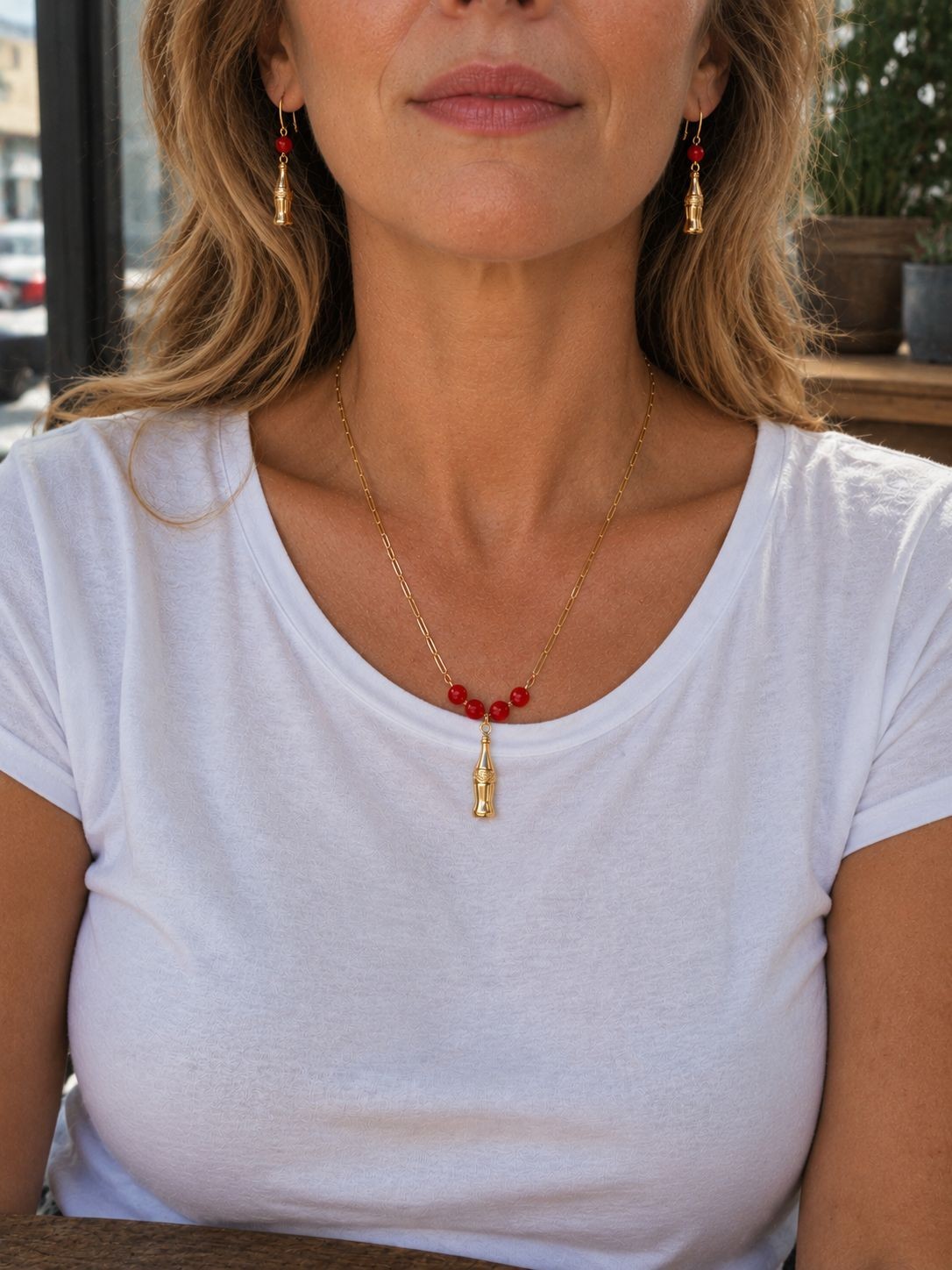 Vintage Coca-Cola Promotional Gold Tone Bottle Charm Necklace & Earrings Set