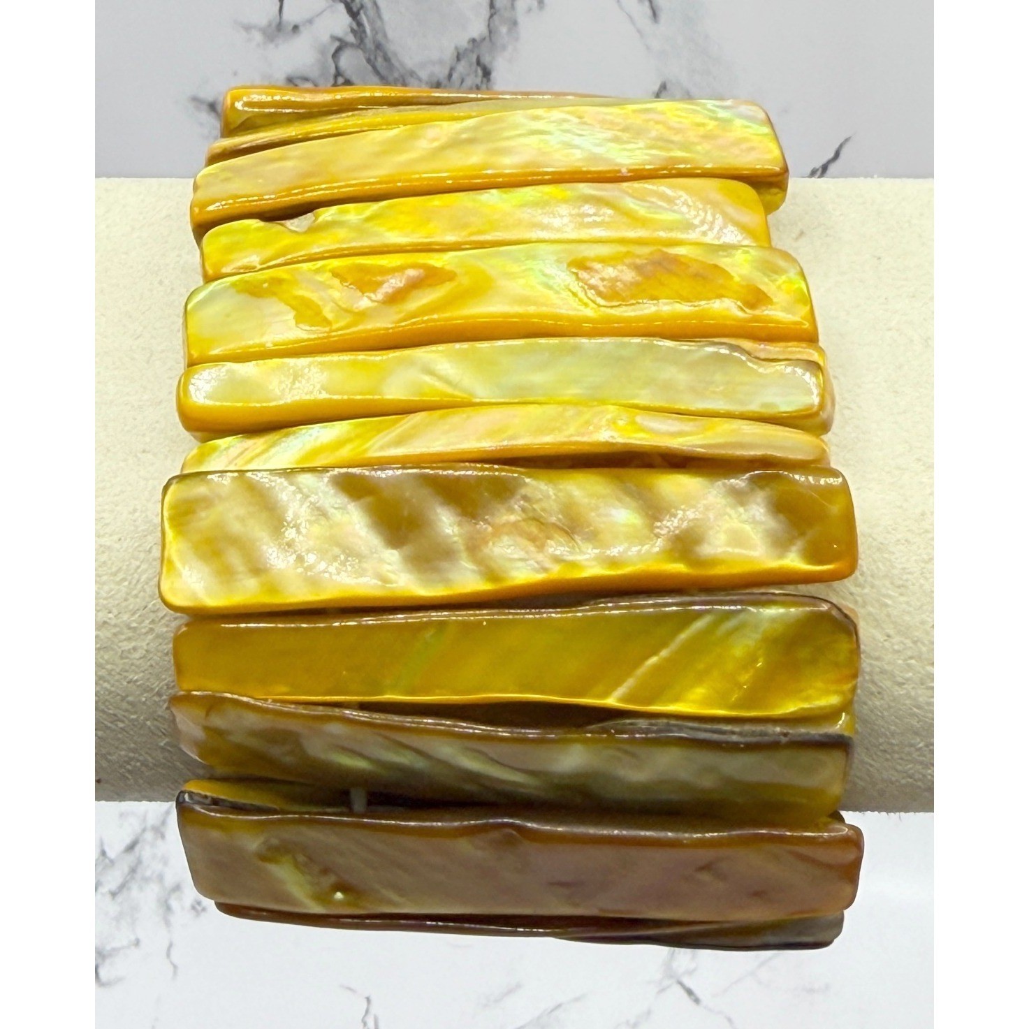 Wide 1.75″ Yellow Statement Bracelet Shell Composite Stretch Summer VIDEO
