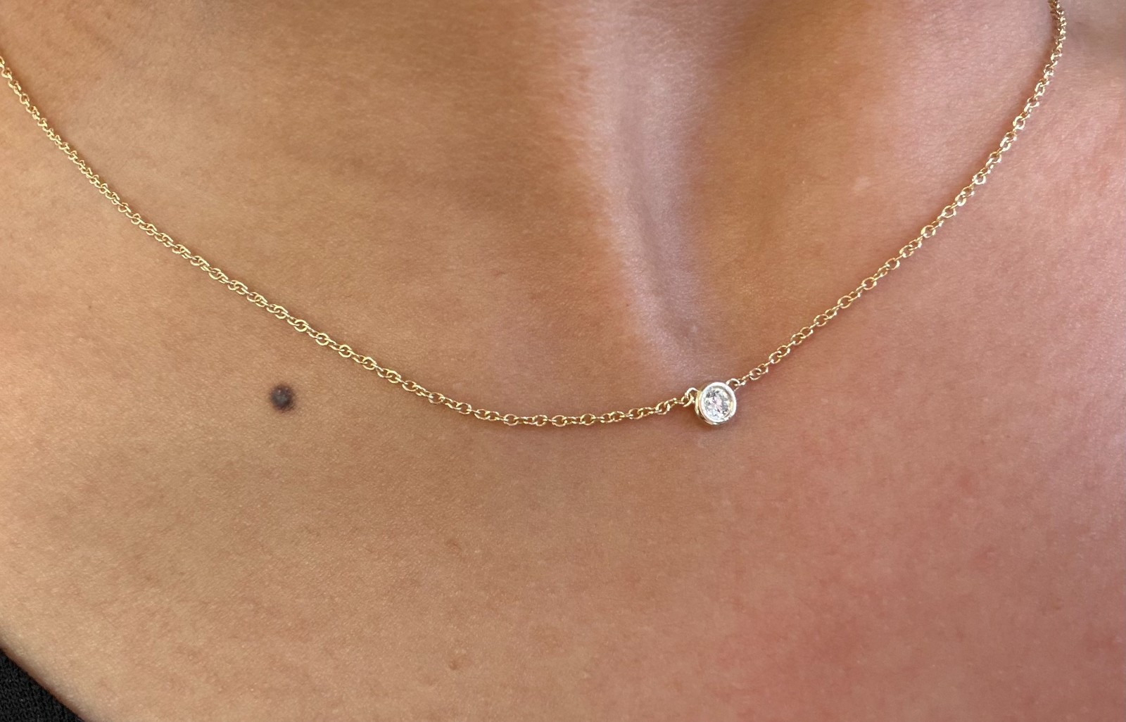 14K Yellow Gold 0.10 CT Round Brilliant Diamond Bezel Set Solitaire Necklace