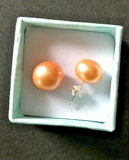 Genuine Orange 12mm Pearl .925 Sterling Stud & Sterling Back Earrings