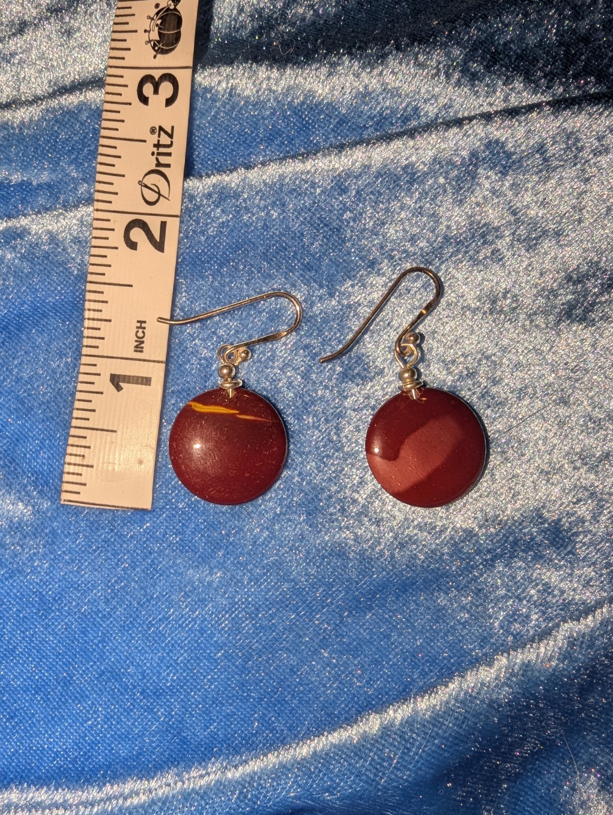 Red Round Disc Dangle/Drop Hook Earrings, Metal, 1.8 in Drop, 0.6 in Dia