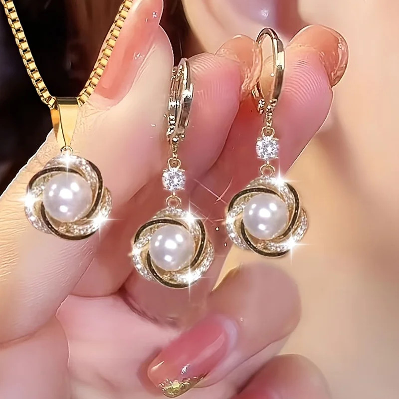 3pcs Shining Zircon Flower Jewelry for Sets Women Light Luxury Imitation