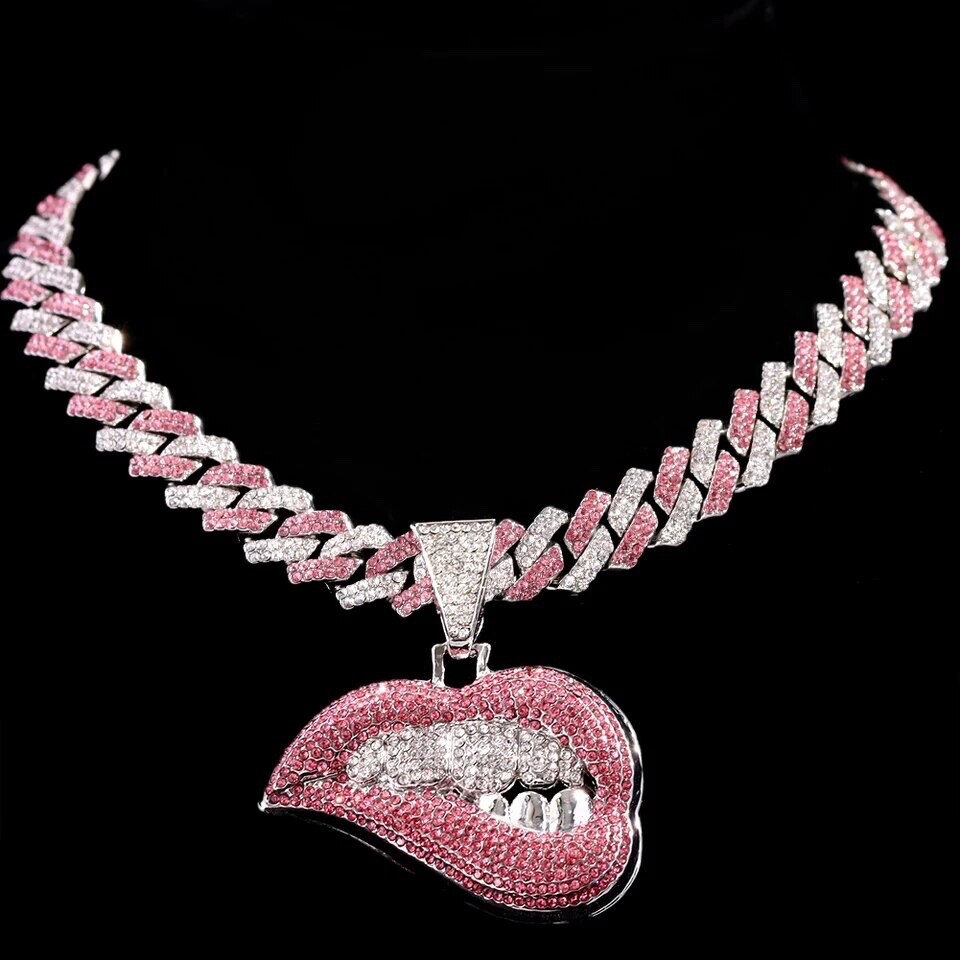 Stainless Steel & Pink/White CZ’s 12MM Iced Out Cuban Link Chain With Lips Charm