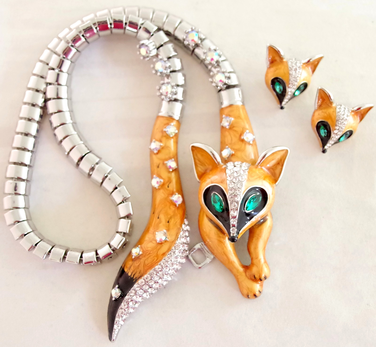So Cute! BETSEY JOHNSON RED FOX AB CRYSTAL RHINESTONE NECKLACE & EARRINGS SET