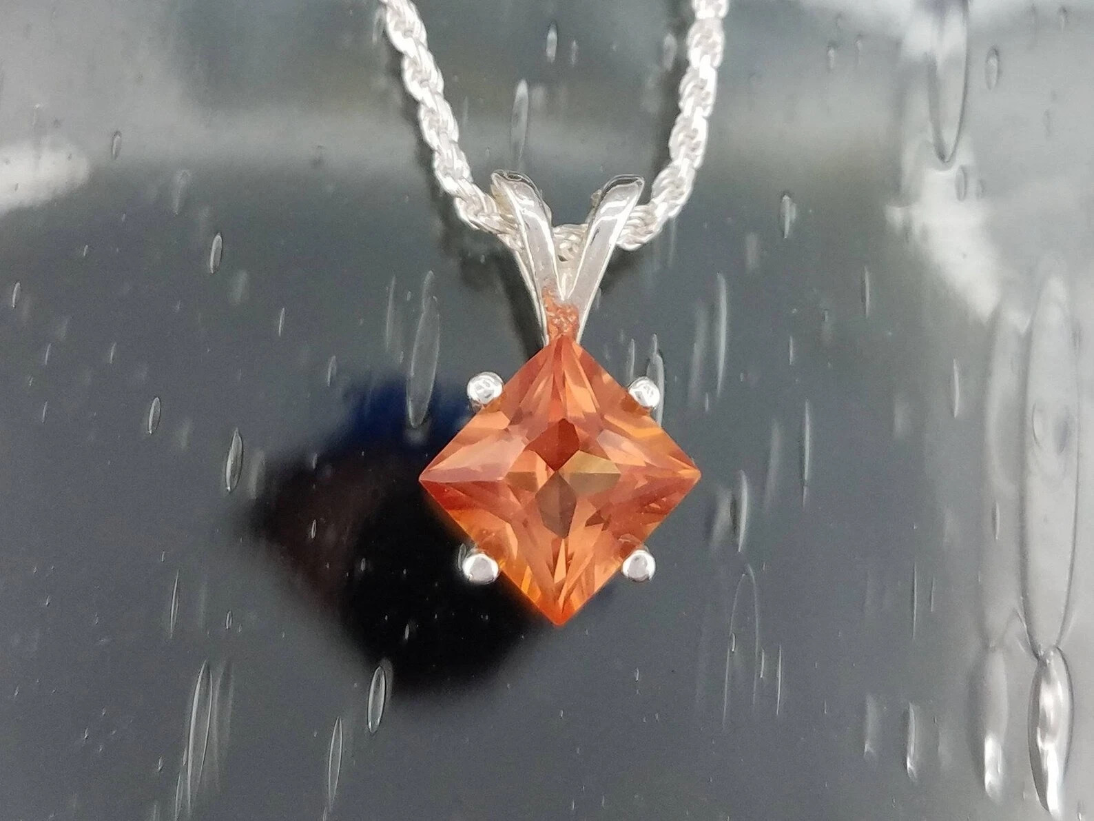 21 Ct Natural Orange Sapphire Princess Cut 925 Sterling Silver Pendant & Chain