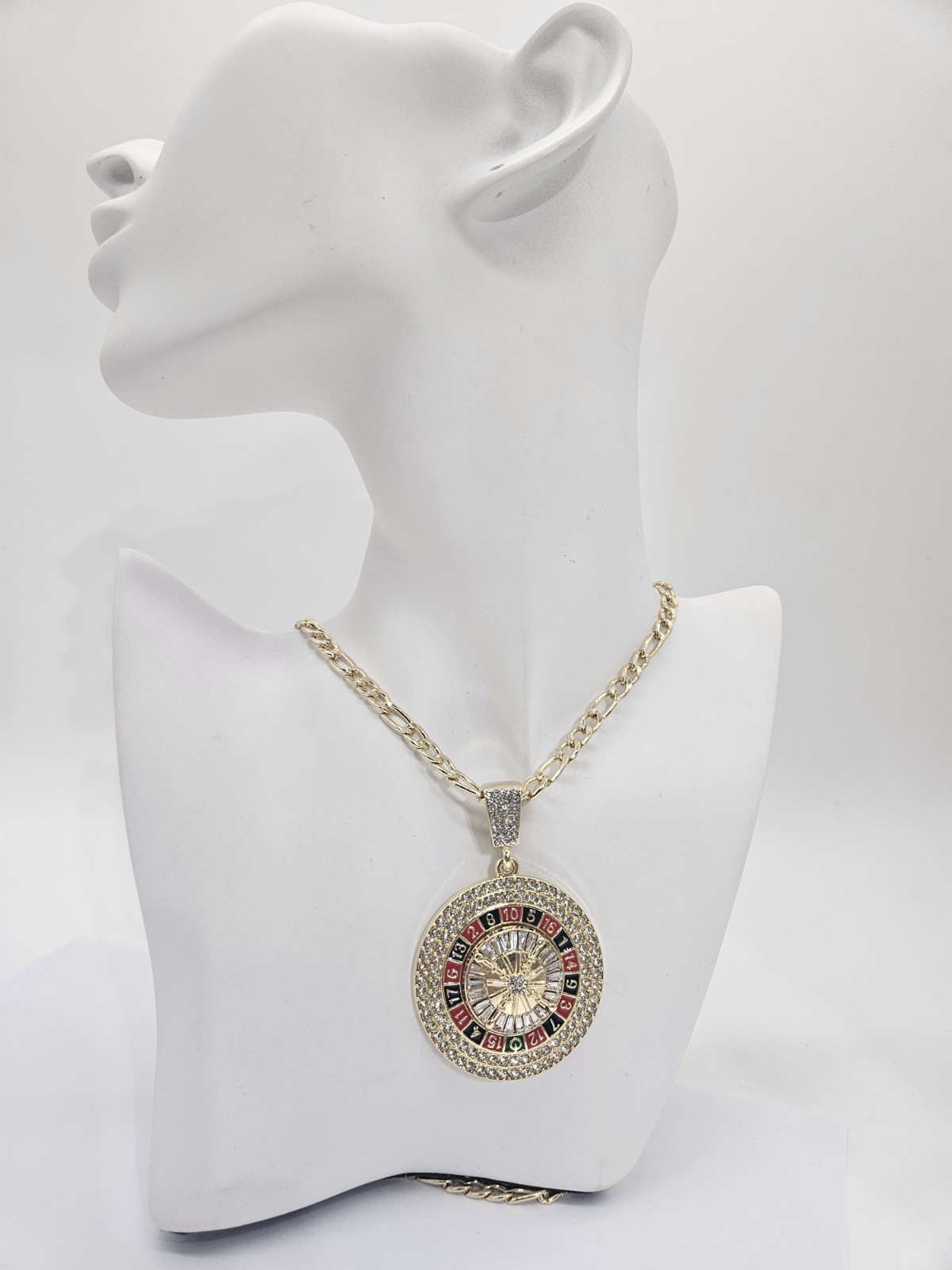 Gold Tone Roulette Wheel Pendant Necklace Iced Casino Chain Hip Hop Jewelry