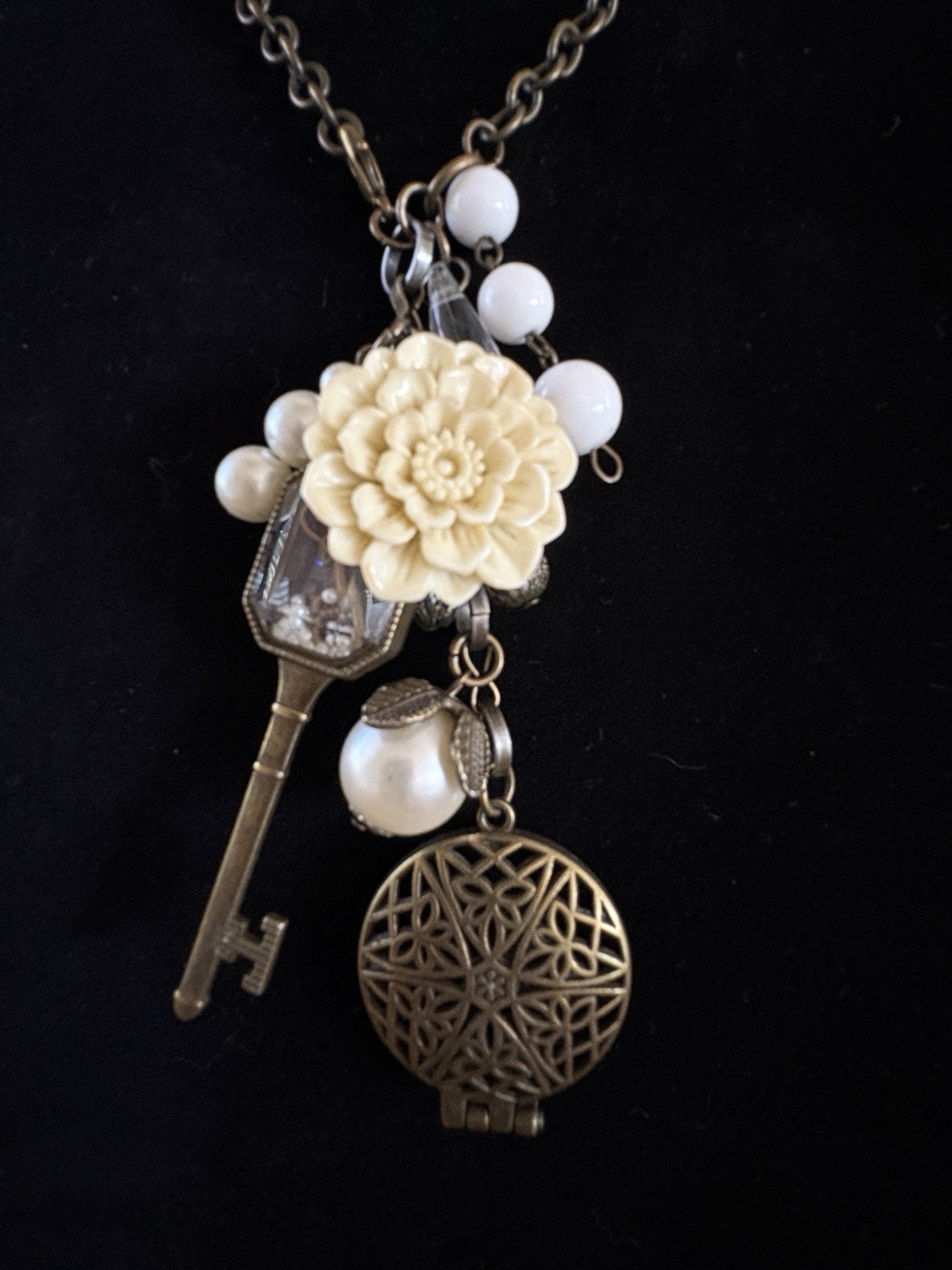 Plunder Statement Charm Necklace Key Locket Flower Faux Pearl + Floral Choker