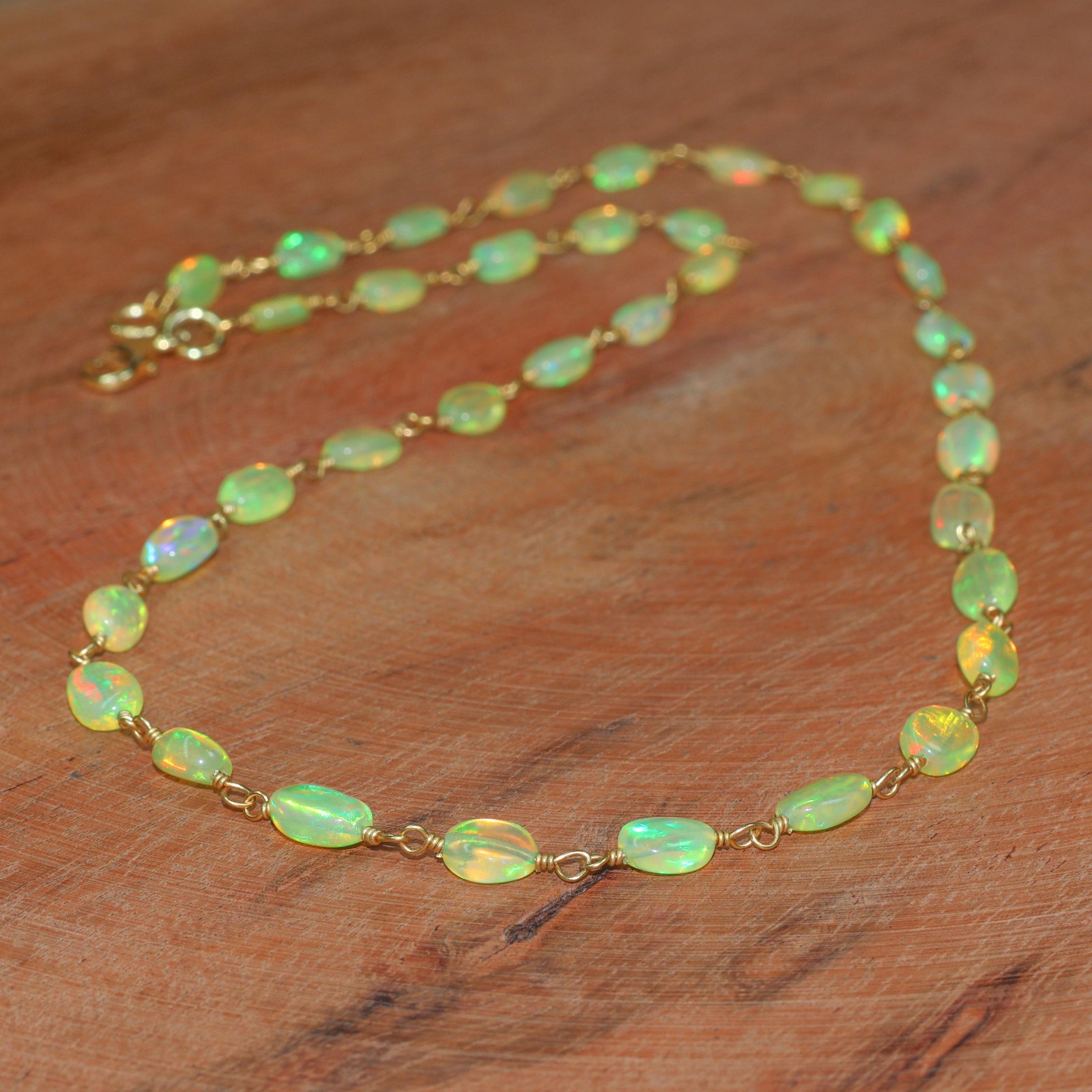 Multifire Yellow Opal Tumble Beads Wire Wrap Necklace, Ethiopian Opal Handmade