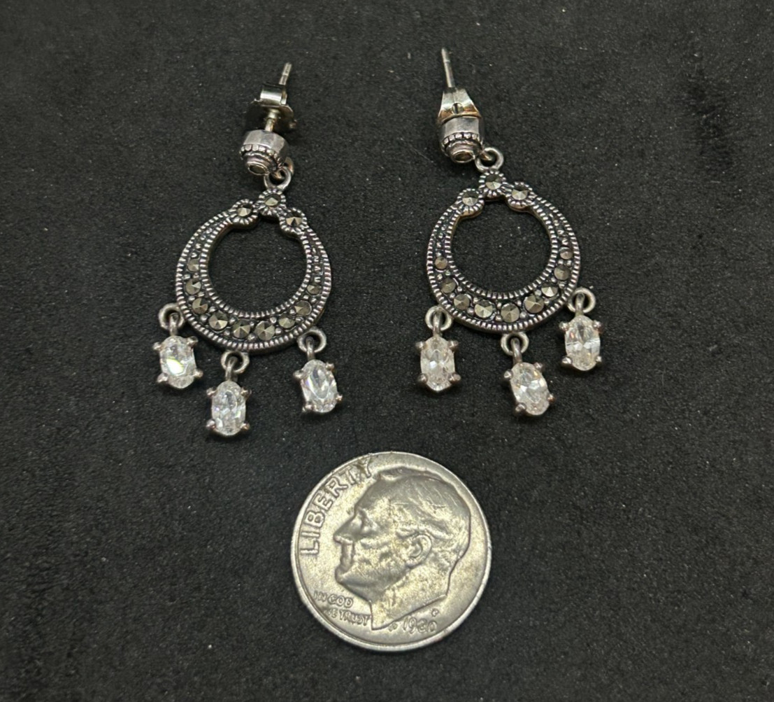 925 Sterling Marcasite Dangle CZ Post Earrings 1in – 6.0g
