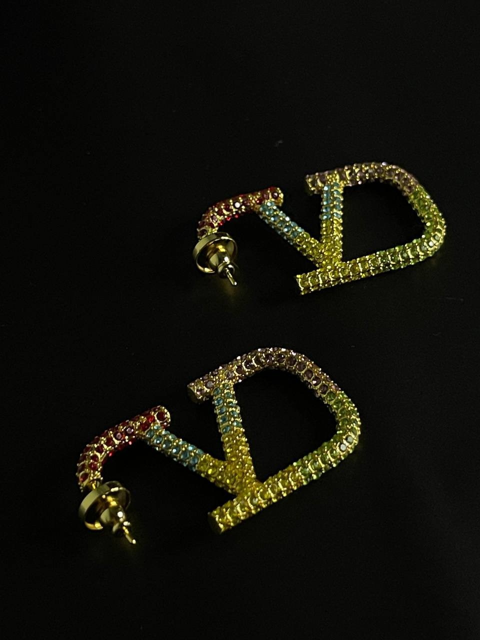 Vintage Valentino Rainbow Crystal V Logo Hoop Earrings