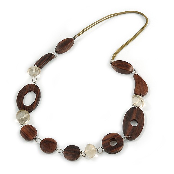 Long Brown Wood and Transparent Acrylic Bead with Olive Cotton Cords Necklace –