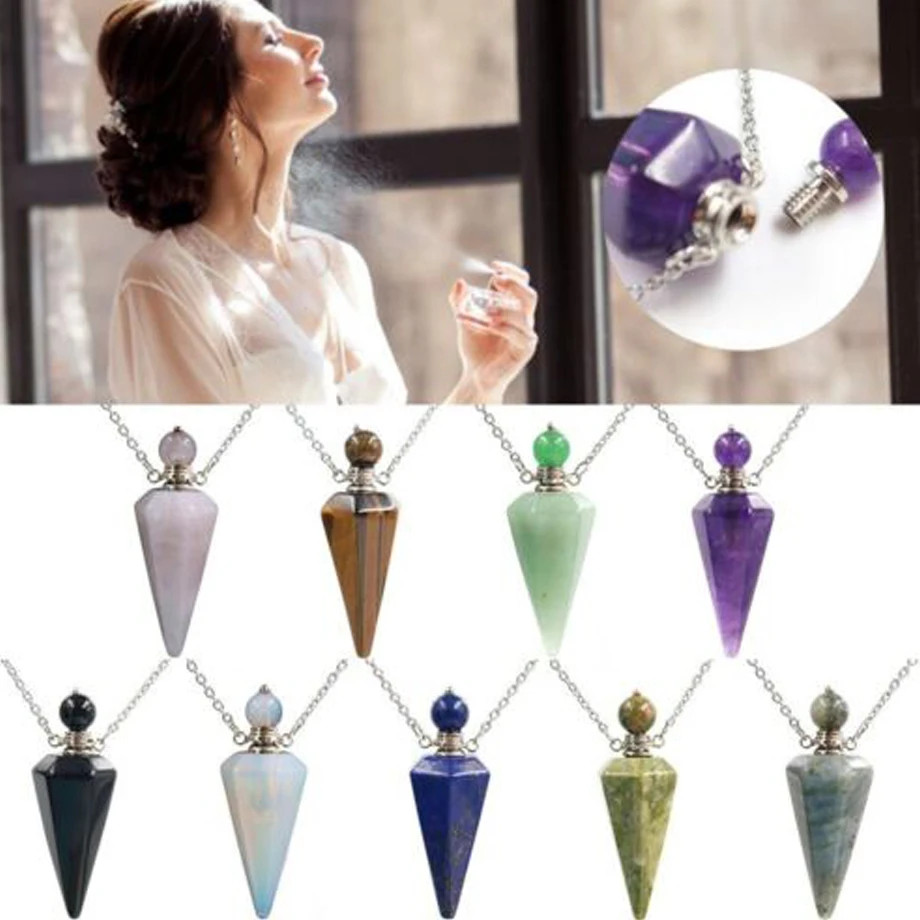 Natural Stone Cone Perfume Bottle Pendant necklace Healing Crystal Pendant Gift