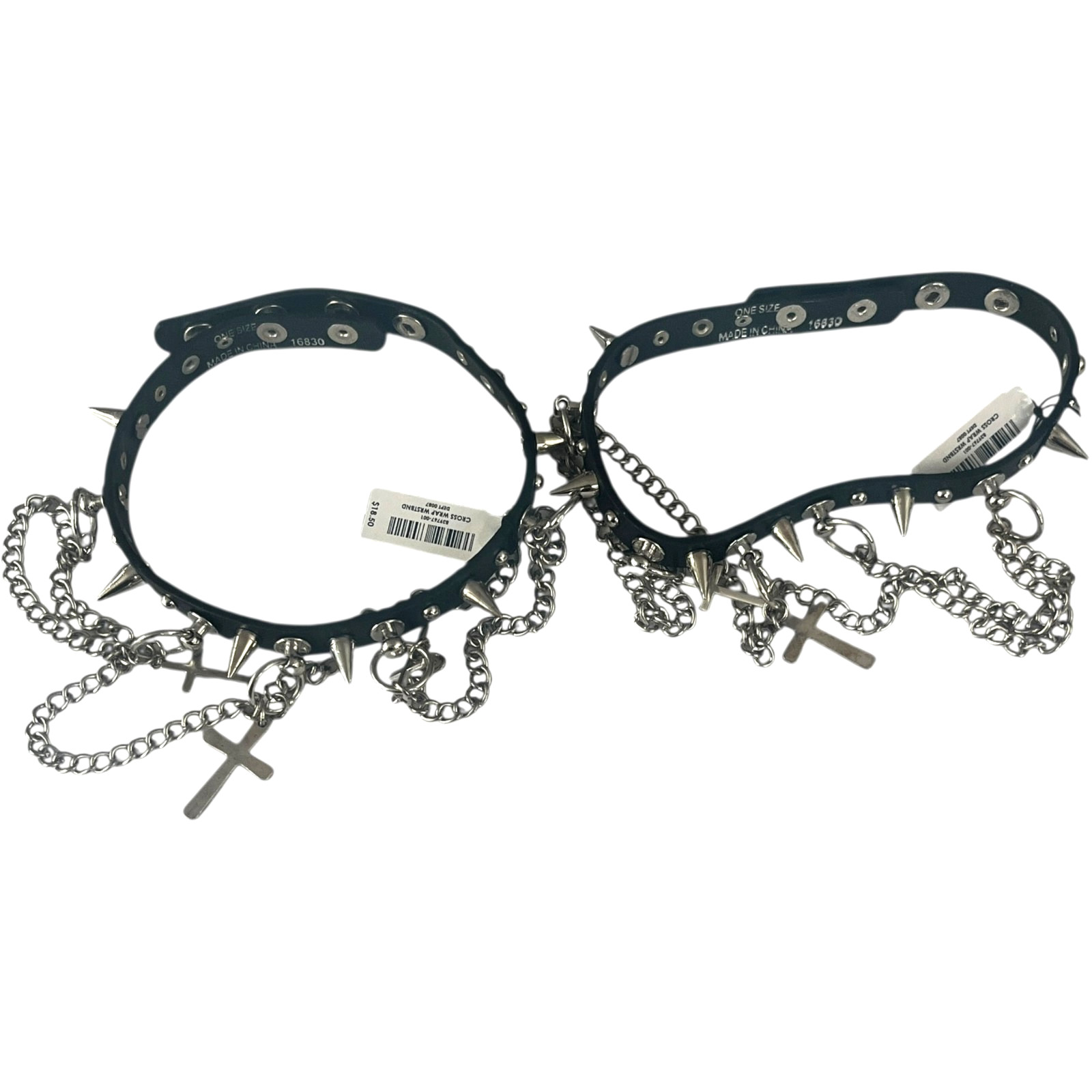 Black Spiked Cross Chain Wrap Wristband Punk Goth Rocker Bracelet LOT of TWO