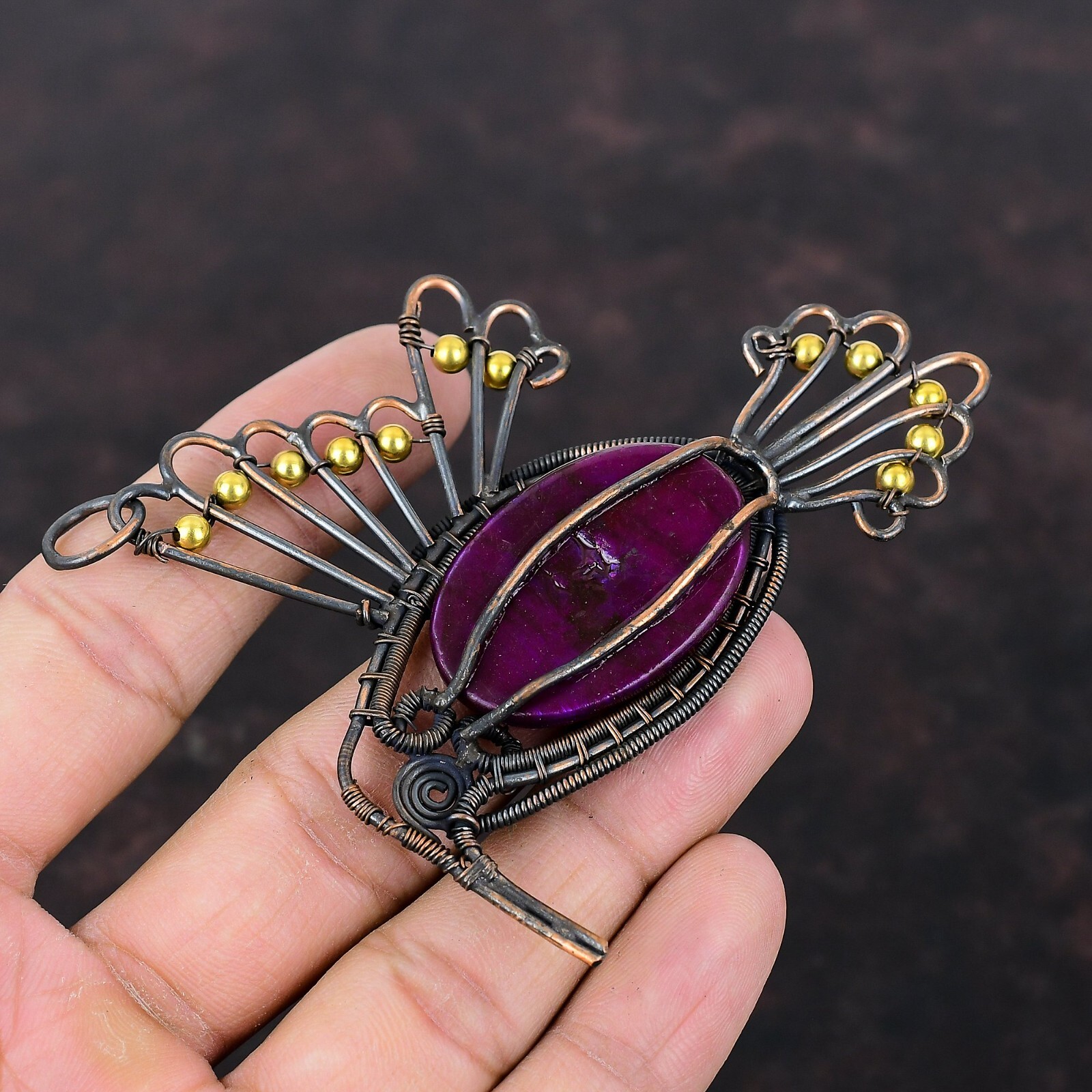 Purple Fire Labradorite Copper Gift For Mum Wire Wrapped Bird Pendant 3.86″