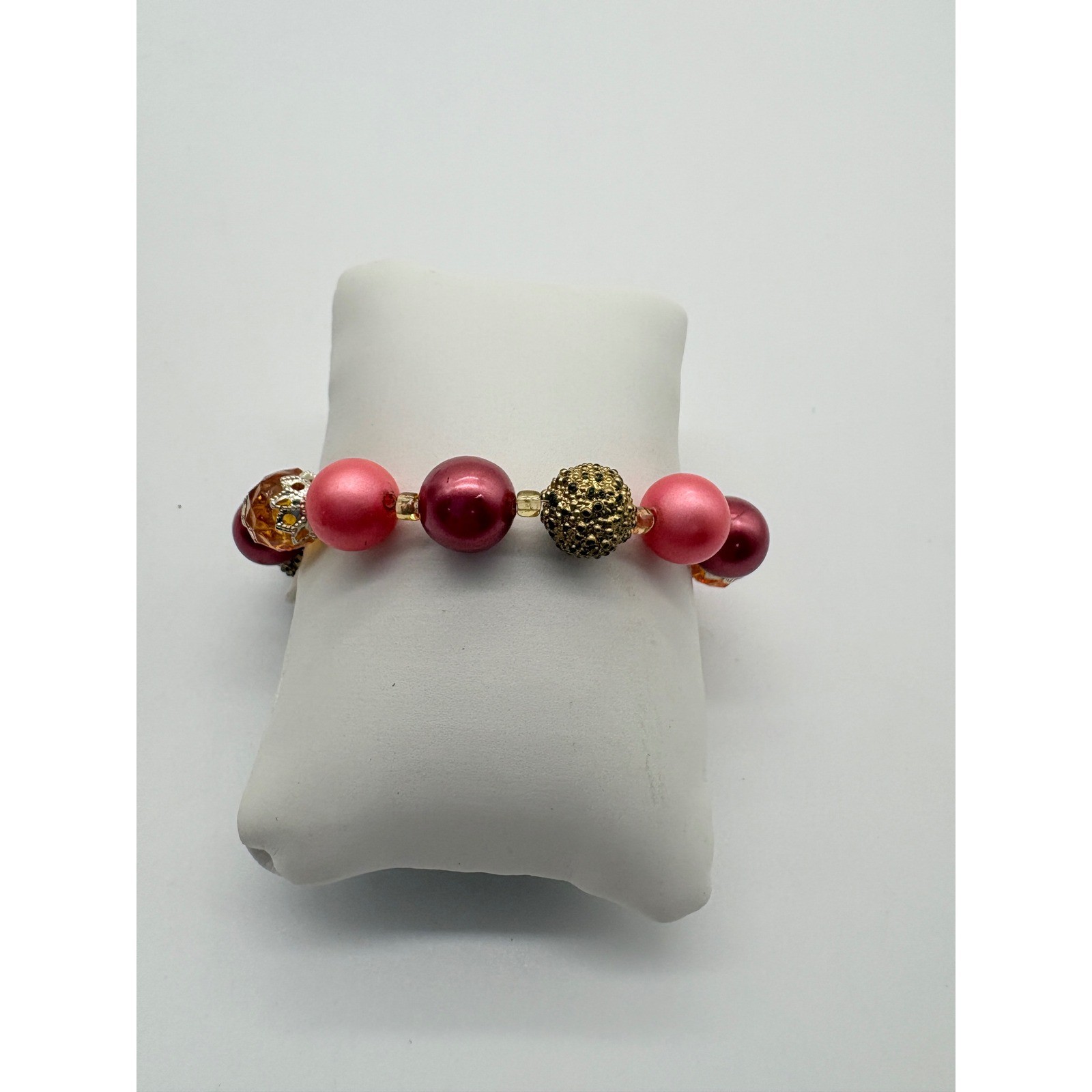Handmade Pink Burgundy Faux Pearl Beaded Bracelet Gold Stardust Accents 6.25in