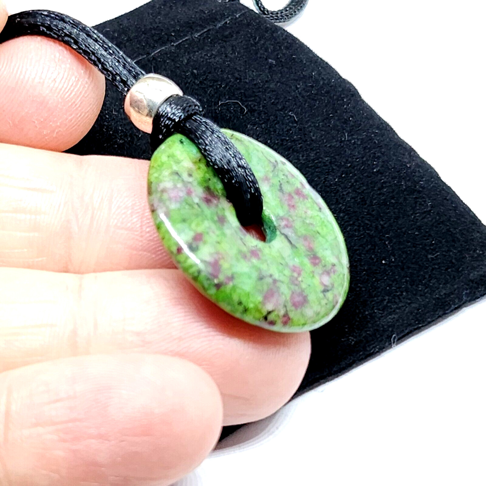 Anyolite Ruby Zoisite Donut Pendant 30mm Beaded Cord New Bohemia Necklace & Bag
