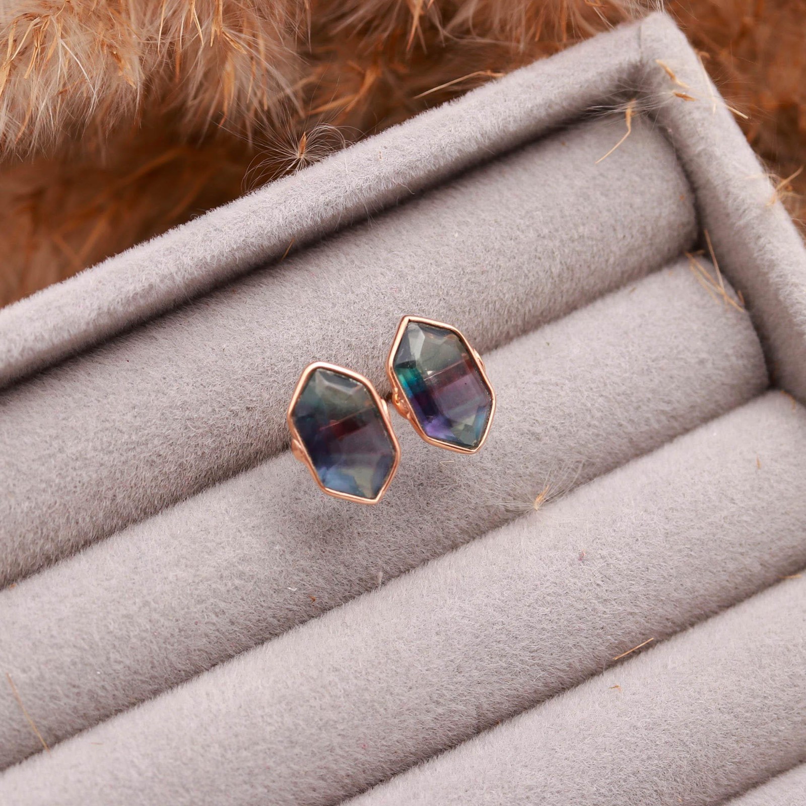 Natural Fluorite Hexagon Stud Earrings Rose Gold Plated Solid Silver Jewelry