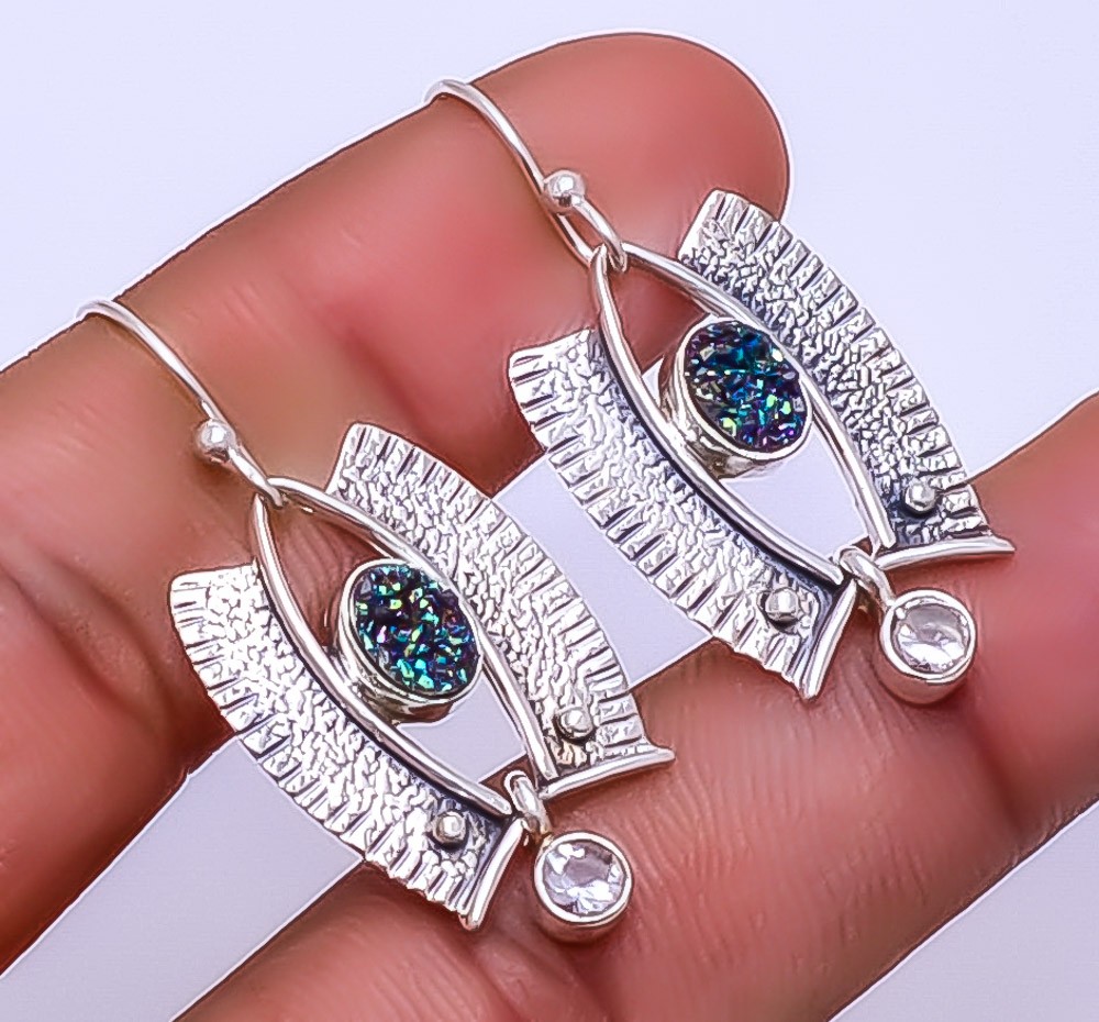 Electric Blue Titanium Agate Drusy 925 Sterling Silver Earring 1.56″ E_9324_1034