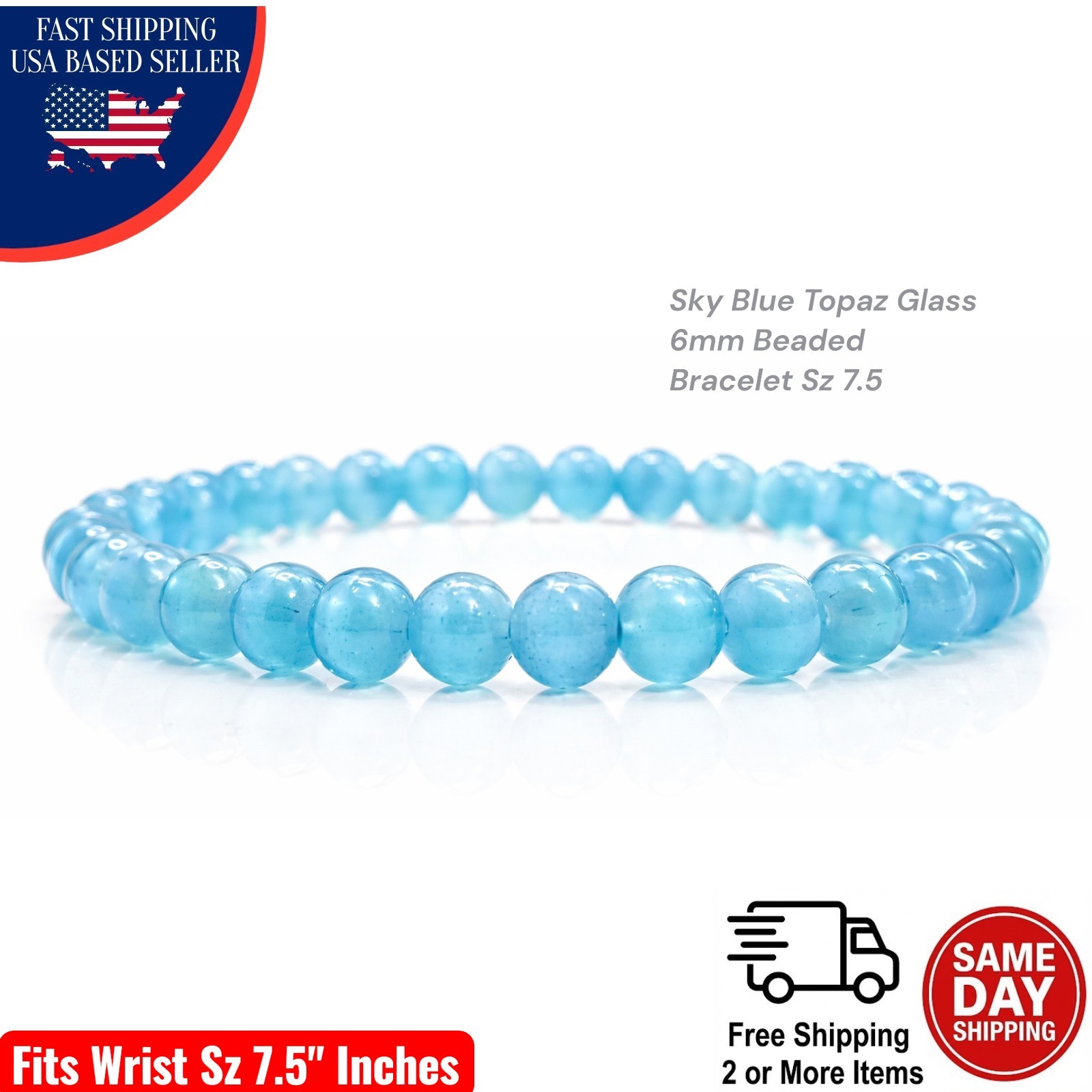 Sky Blue Topaz Glass Beads Bracelet 6mm Round Beads For 7.5″ Wrist Jewelry Gift