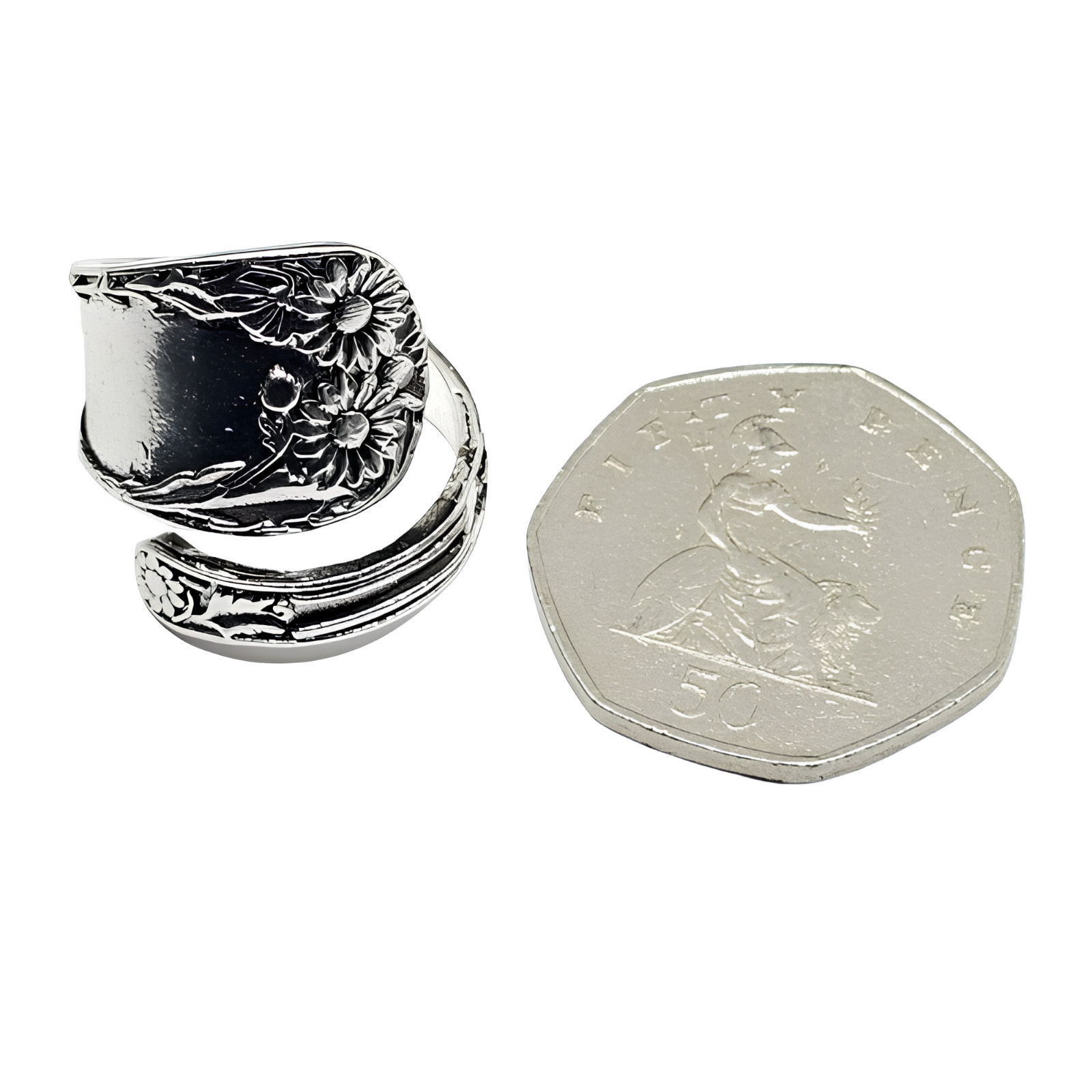 Daisy Flower Ring Spoon Wrap Round Adjustable s925 Silver Ring Metal Jewellery