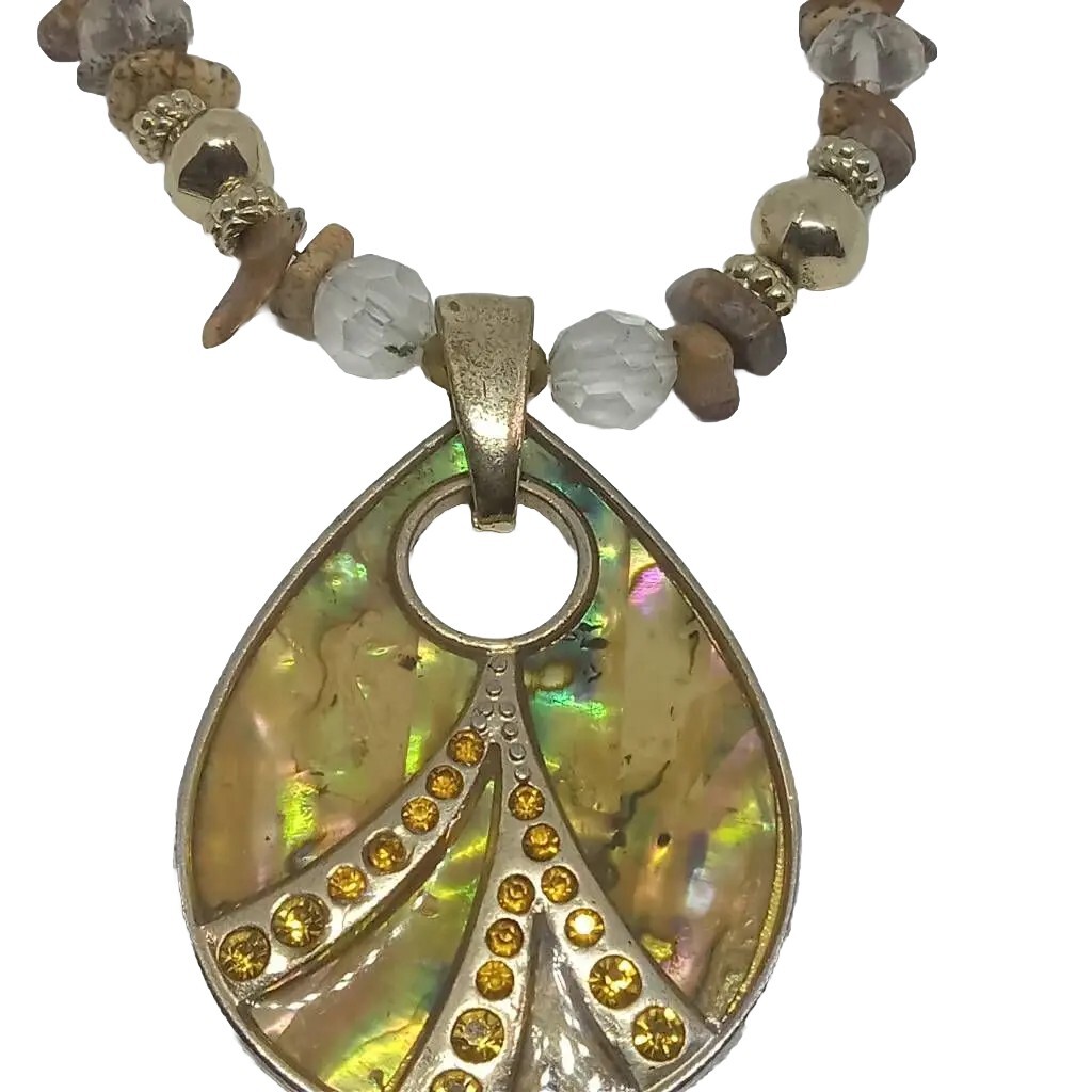 Gold Beaded Pendant Necklace Rhinestone Topaz Gemstone KC Signed Chainlink