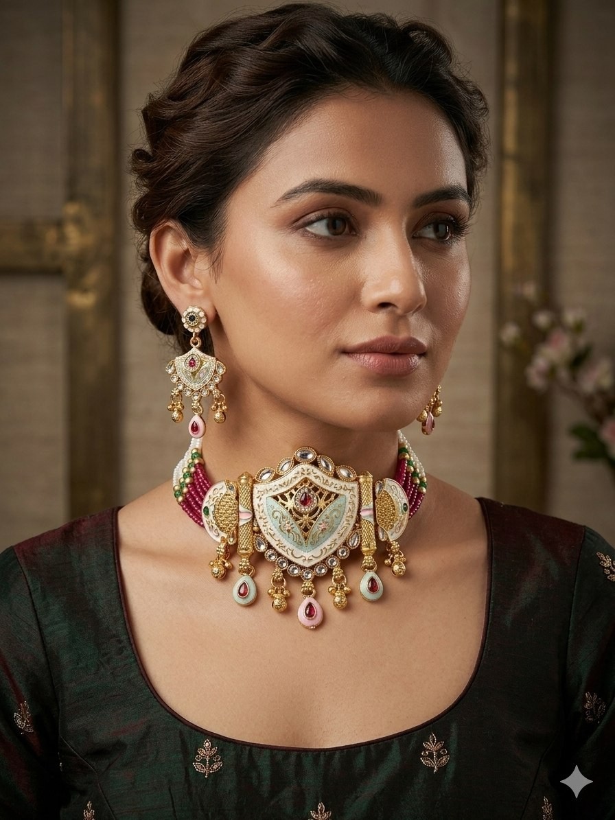 Kundan Meenakari Pearl Choker Necklace Set Gold Tone Bridal Wedding Earrings