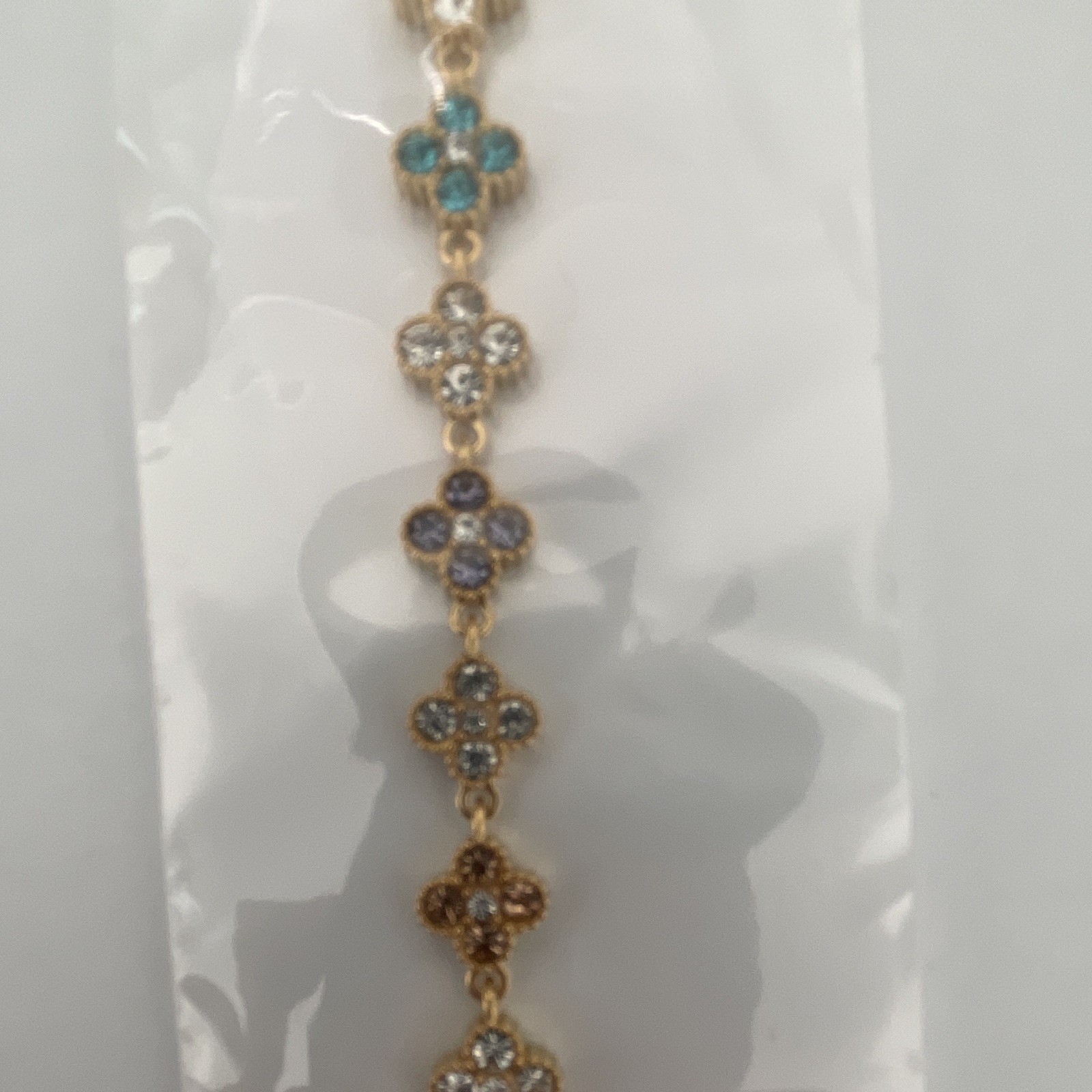 Gold Tone Multicolor Crystal Flower Link Chain Bracelet with Dangle Charm