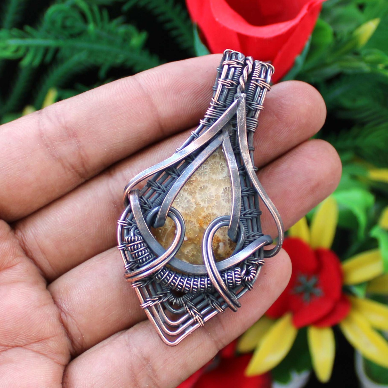 Fossil Coral Handmade Pendant Copper Wire Wrapped Pendant Copper Wire Jewelry