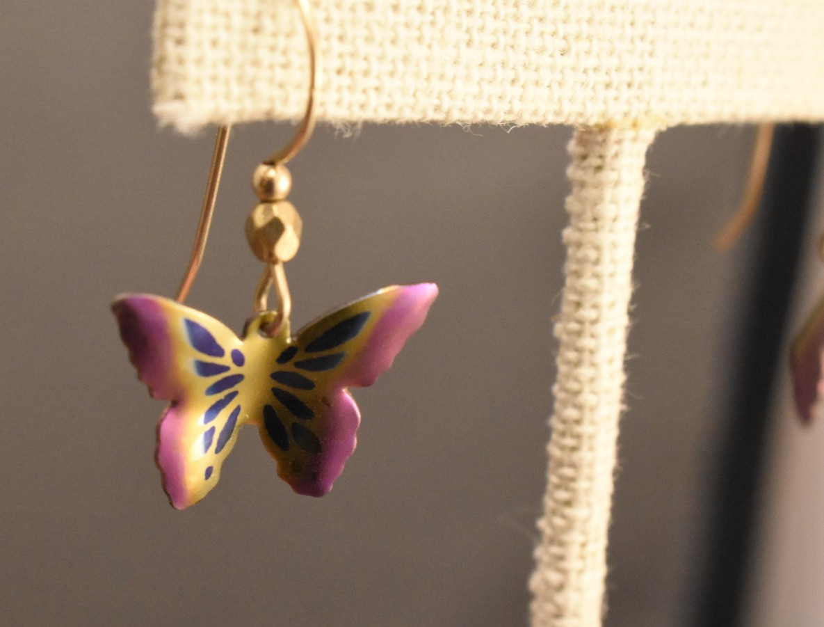 Holly Yashi Pink Gold Blue Niobium, Gold Fill Drop Butterfly Earrings Signed