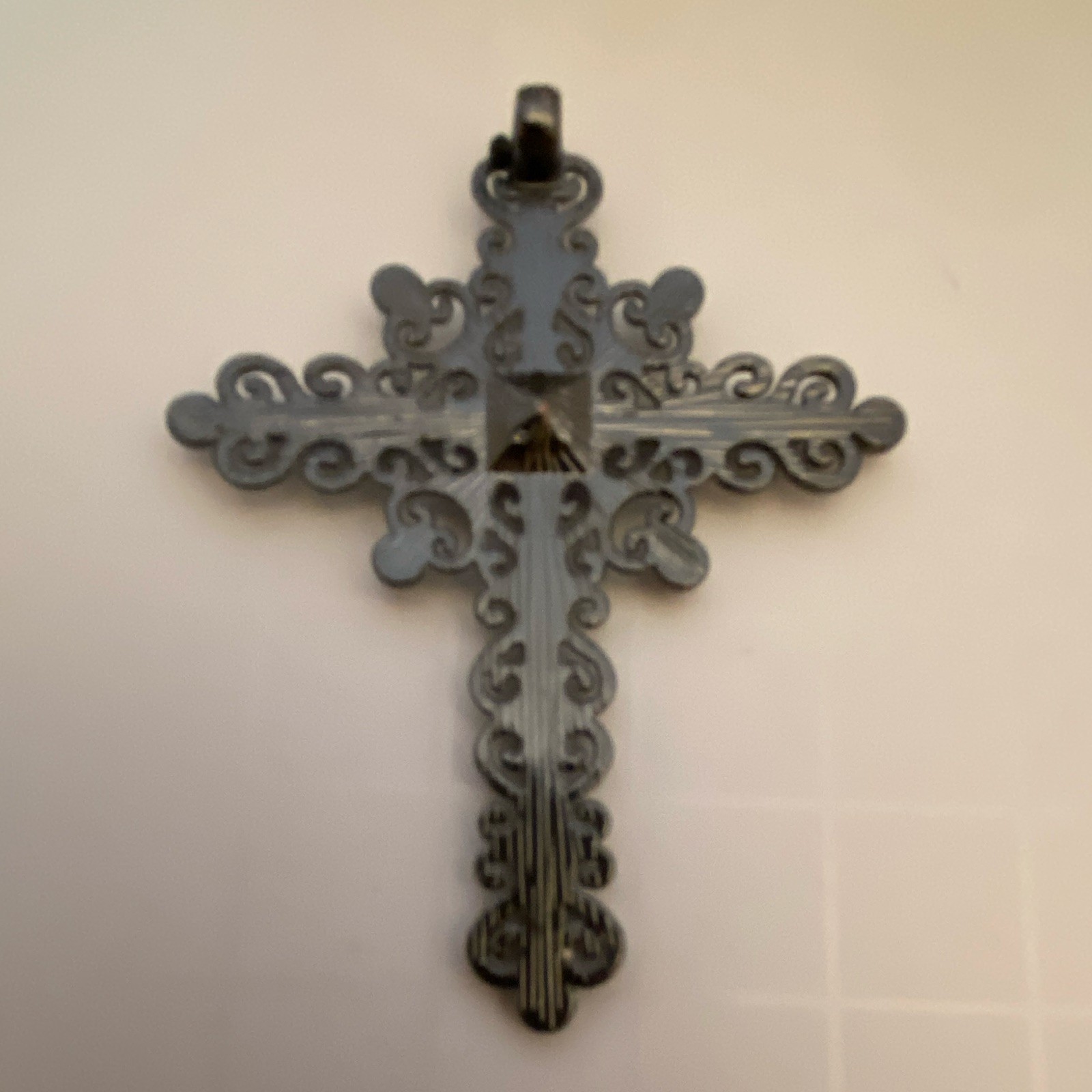 Vintages Black Filigree Cross Pendant Purple Square Crystal Accents Metal