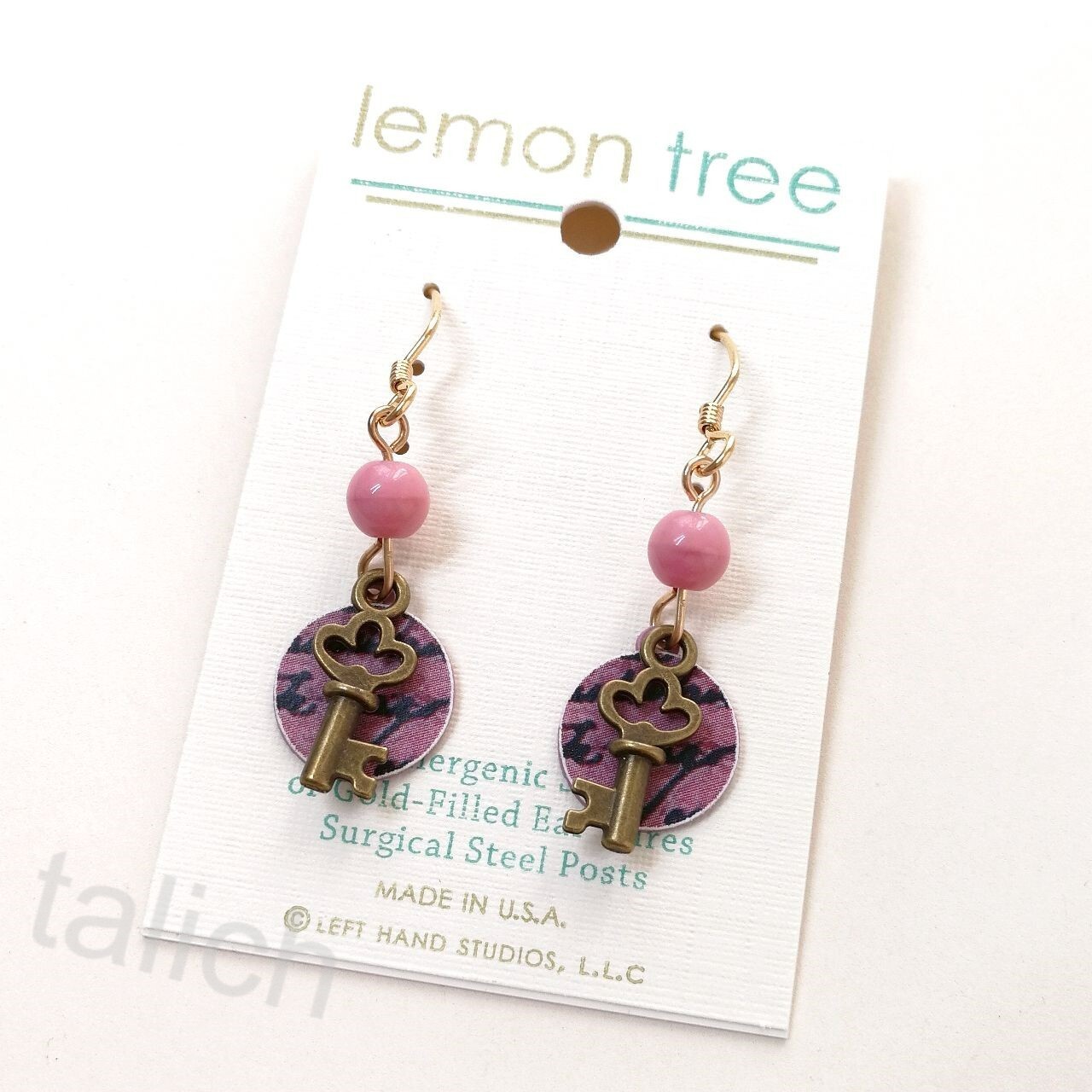 Lemon Tree Earrings Small Script Print Disc with Brass Key Charm Handmade Unique