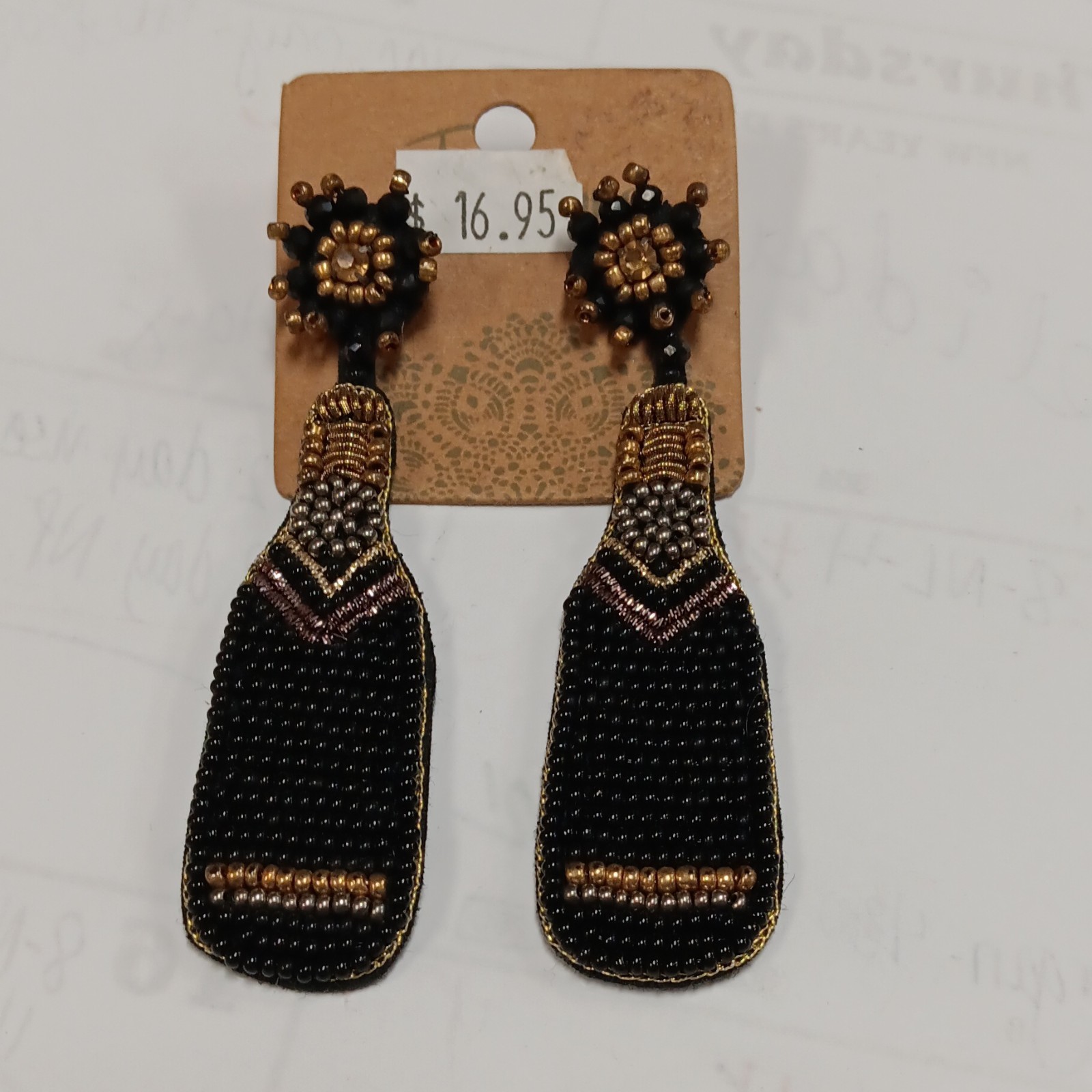 Black and Gold Beaded Champagne Bottle Dangle Earrings