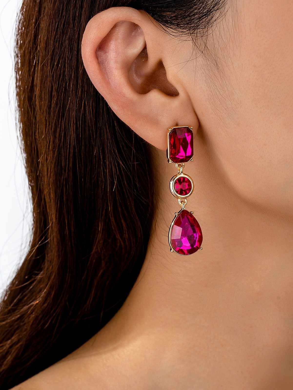 Gold Alloy Pink Crystal Chain Drop Earrings, Fuchsia Gradient Statement Dangle