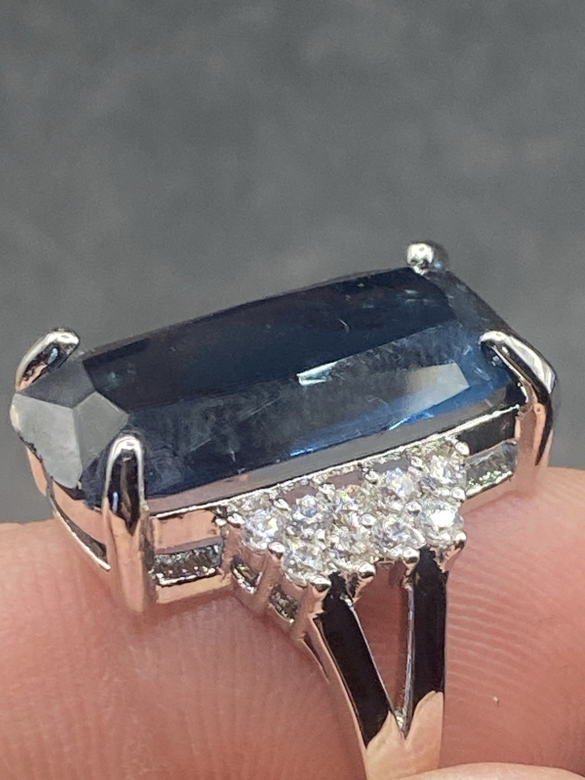 Cocktail Ring Elongated radiant cut blue sapphire & cz split shank Sterling 6.5￼